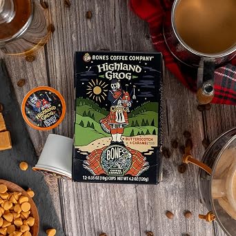 Bones Coffee Company Highland Grog Ground Coffee Beans 12 oz and Bones Cups Highland Grog 12 ct Bundle