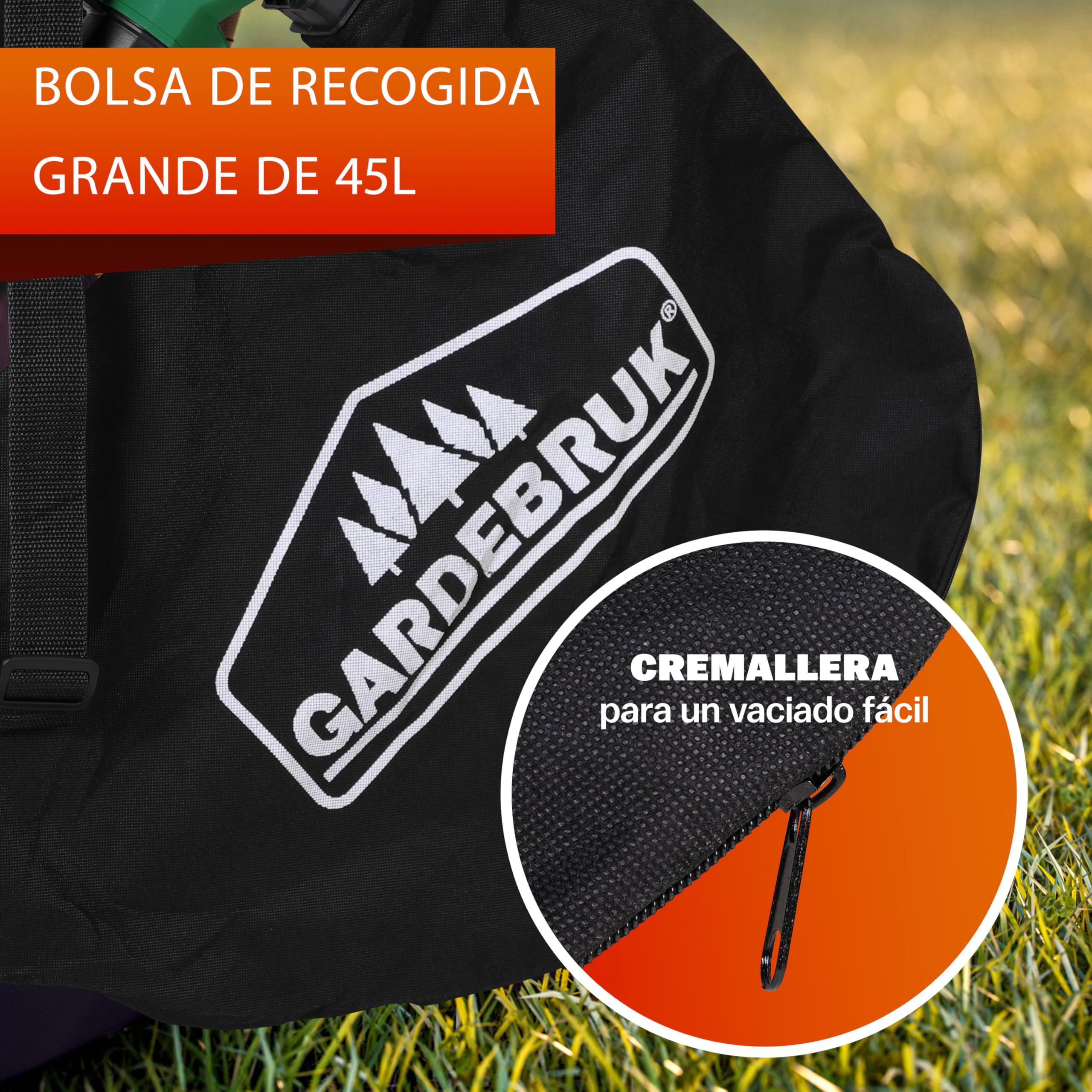 GARDEBRUK® Soplador de Hojas, Aspirador, Soplado 270km/h, Capacidad 13,2m³/min, Función Trituradora, 3en1 Bolsa, 45L, Herramienta Jardinería, 3000W, Sopladores Exteriores Potentes, Ligero