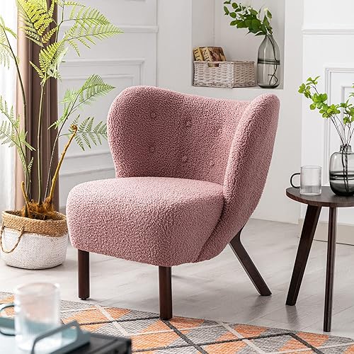 Merax Blush Modern - Silla decorativa de sherpa de felpa con patas de madera, sillón de sala de estar copetudo con respaldo de alas para mujeres y