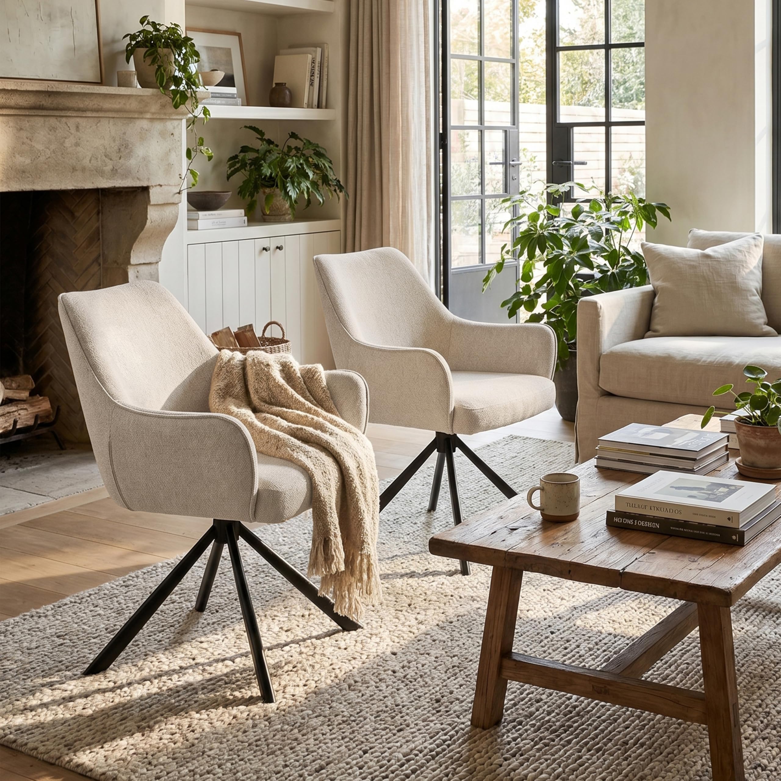 Esszimmerstühle Drehbar 2er Set mit Armlehne, gepolsterte Esszimmerstuhl mit hoher Rückenlehne für Esszimmer & Wohnzimmer, Büro, Beige