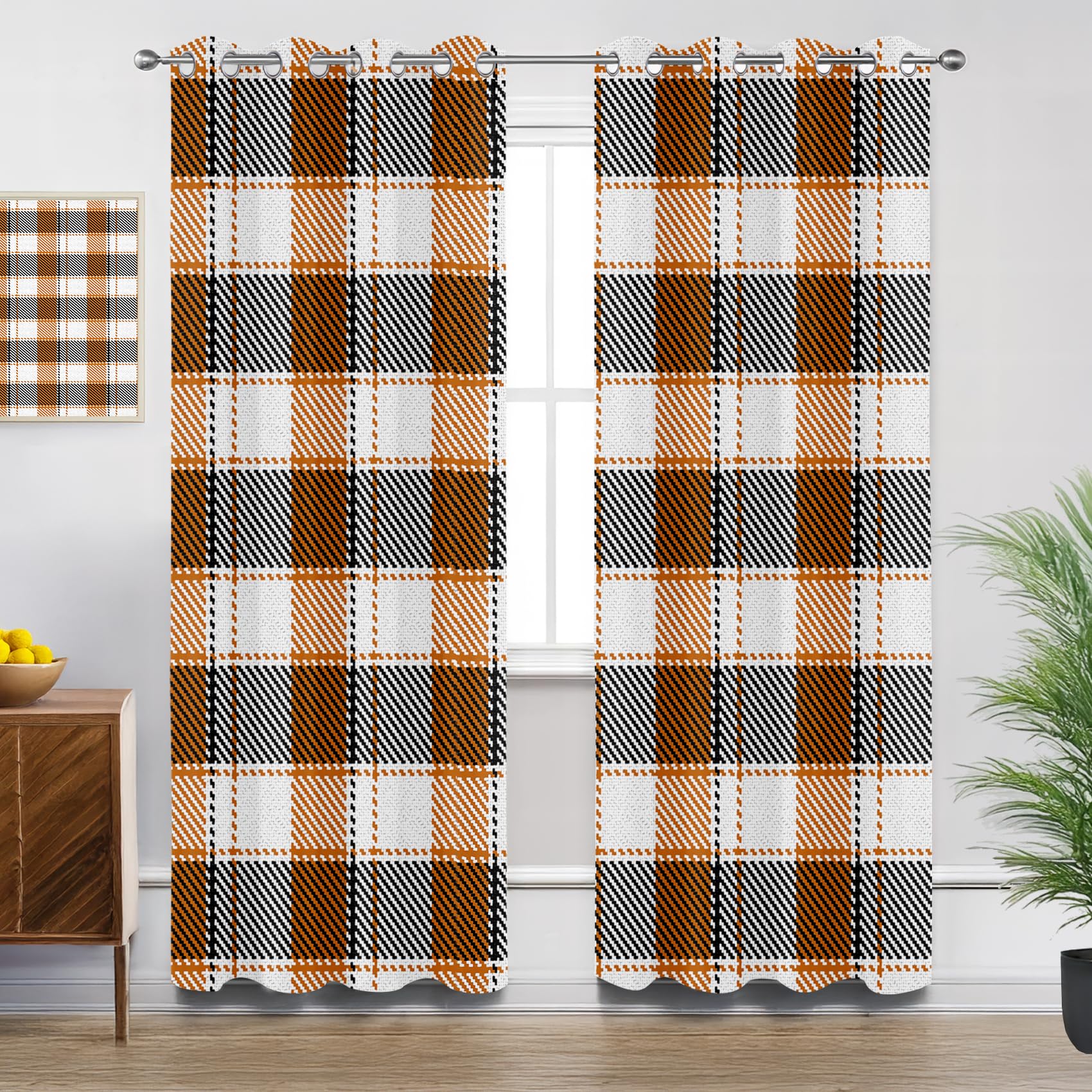 Check Curtains for Bedroom, Rustic Retro Plaid Tartan Cottagecore Blackout Thermal Insulated Eyelet Curtains for Living Room, W66 X D72, 2 Panels Drapes Room Decor