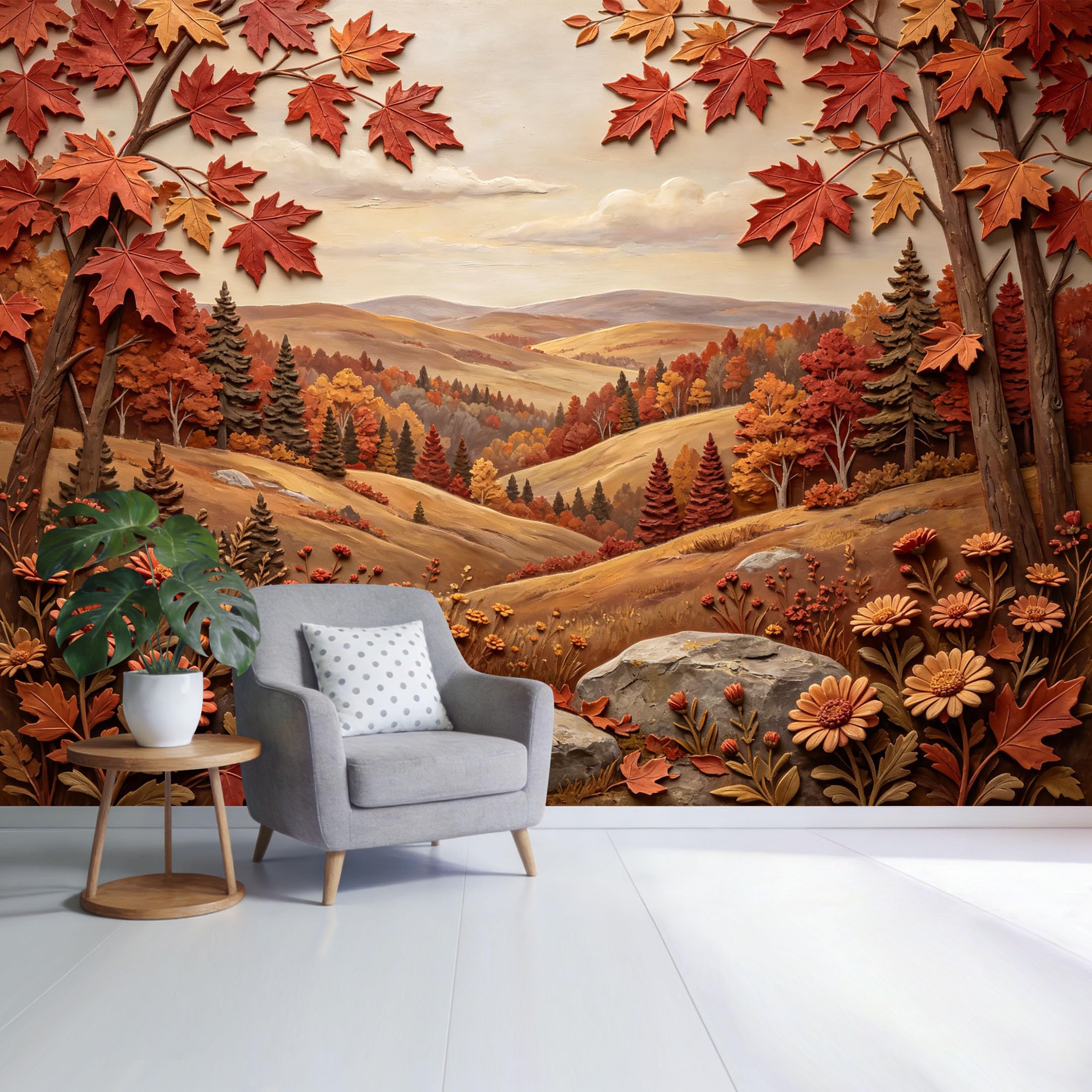 Custom Size Wall Mural Autumn Forest Landscape Golden Maple Leaves Mountain View Textured Oil Painting Style SelfAdhesive Wall Fabric Removable Wallpaper for Home Office Decor