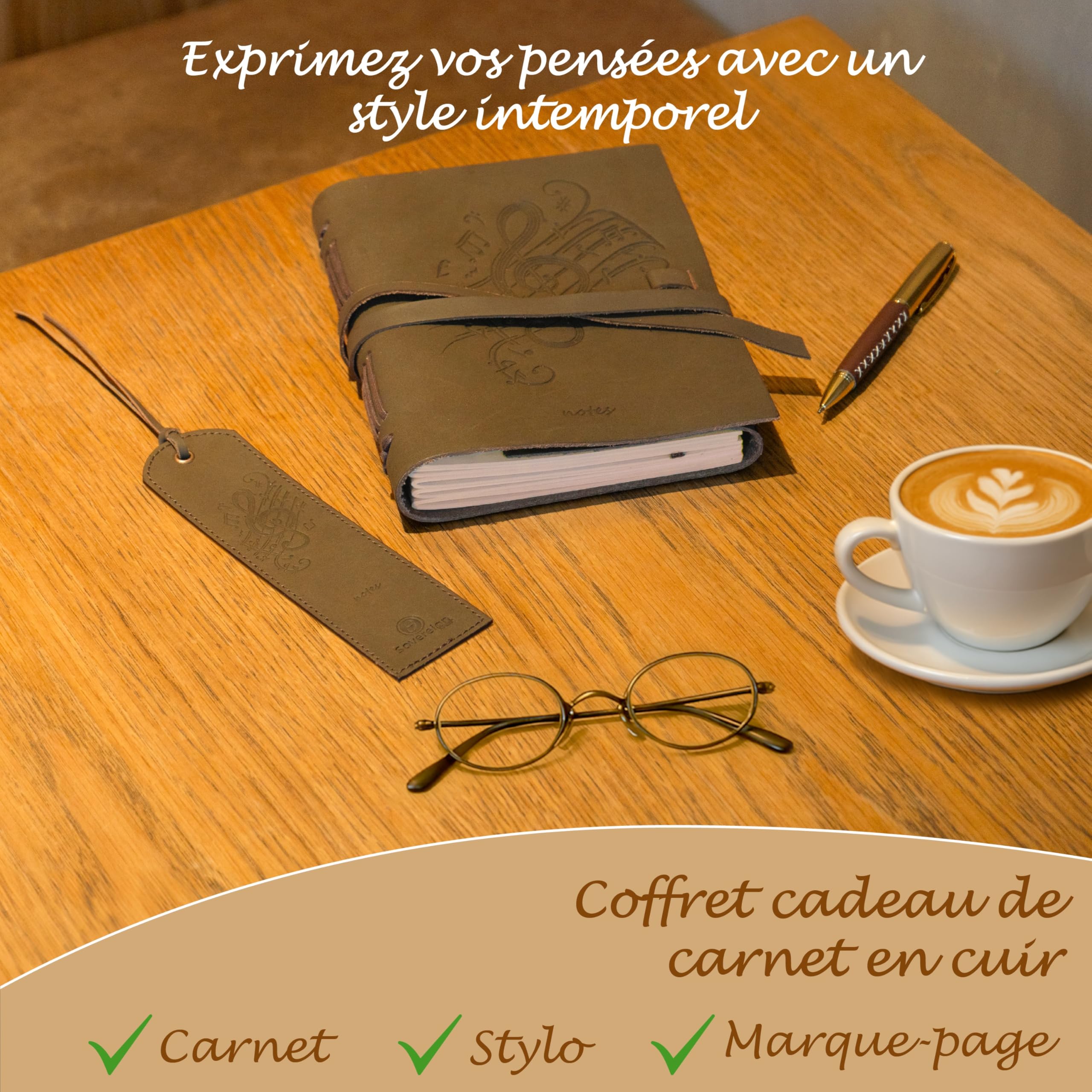 Coffret journal cuir Sovereign-Gear – Motif notes de musique en relief – Carnet buffle fait main 8x6" avec stylo et marque-page – Journal vintage non ligné, cadeau haut de gamme homme/femme.
