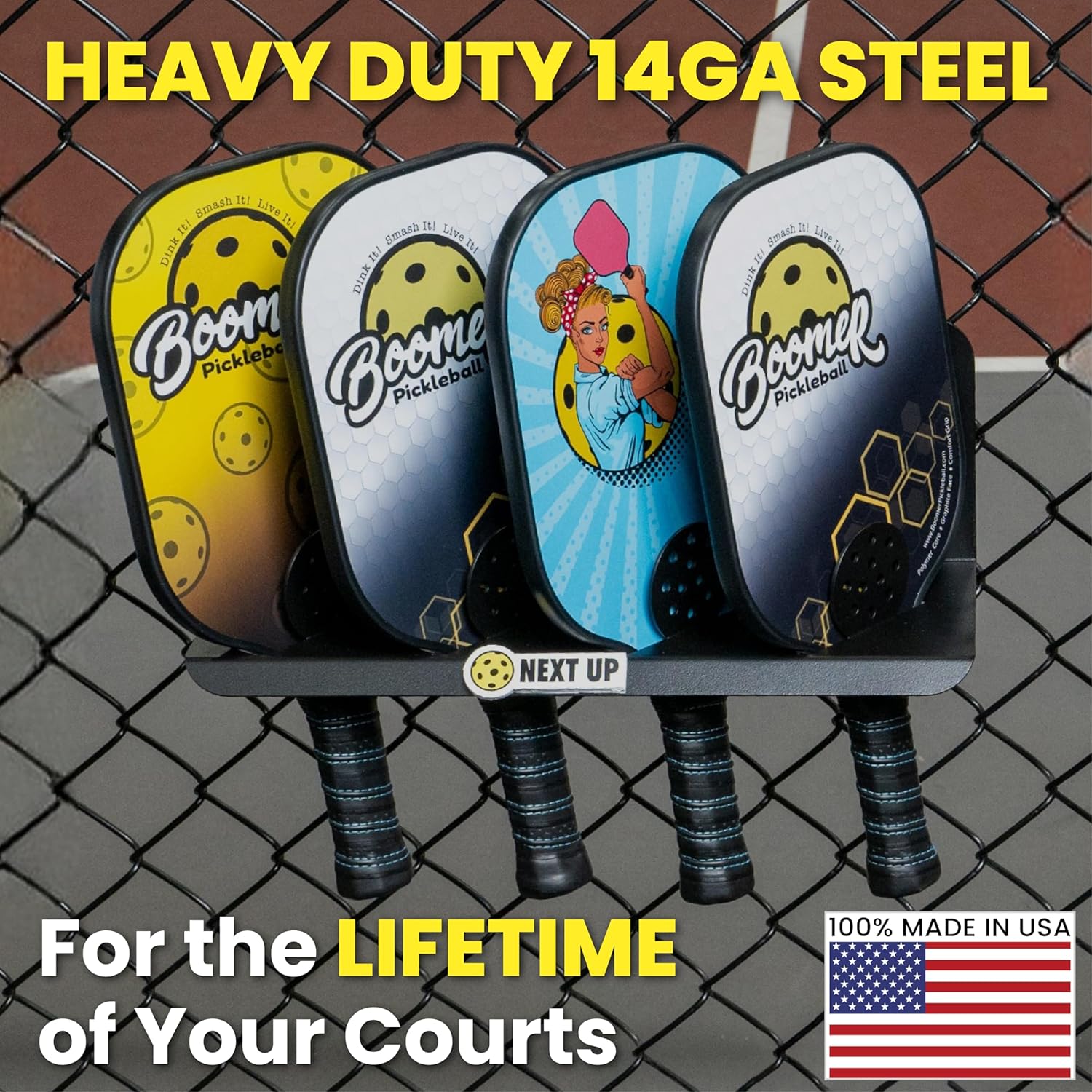 45D Pickleball Paddle Rack | Holds Four Paddles at a 45-Degree Angle Making All Paddles Visible | Track Players “Next-Up” | Heavy-Duty Steel Finished in Black Weather-Proof Powder Coating