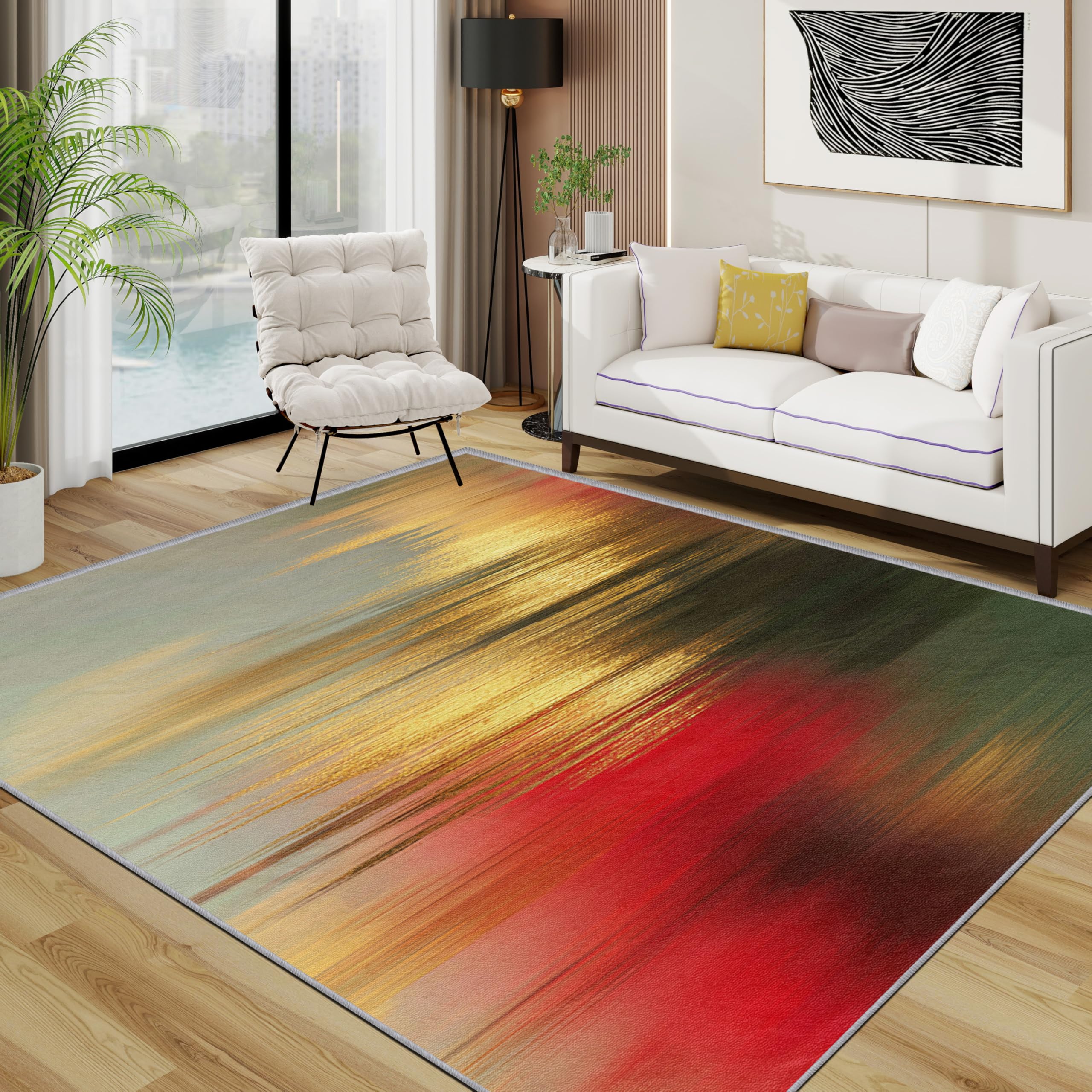TerroVee Gradient Area Rugs for Living Room 100x150 - Modern Abstract Red and Gold Rug for Bedroom, Luxury Artistic Non Slip Washable Short Pile Carpet, Red Gold Green Room Decor