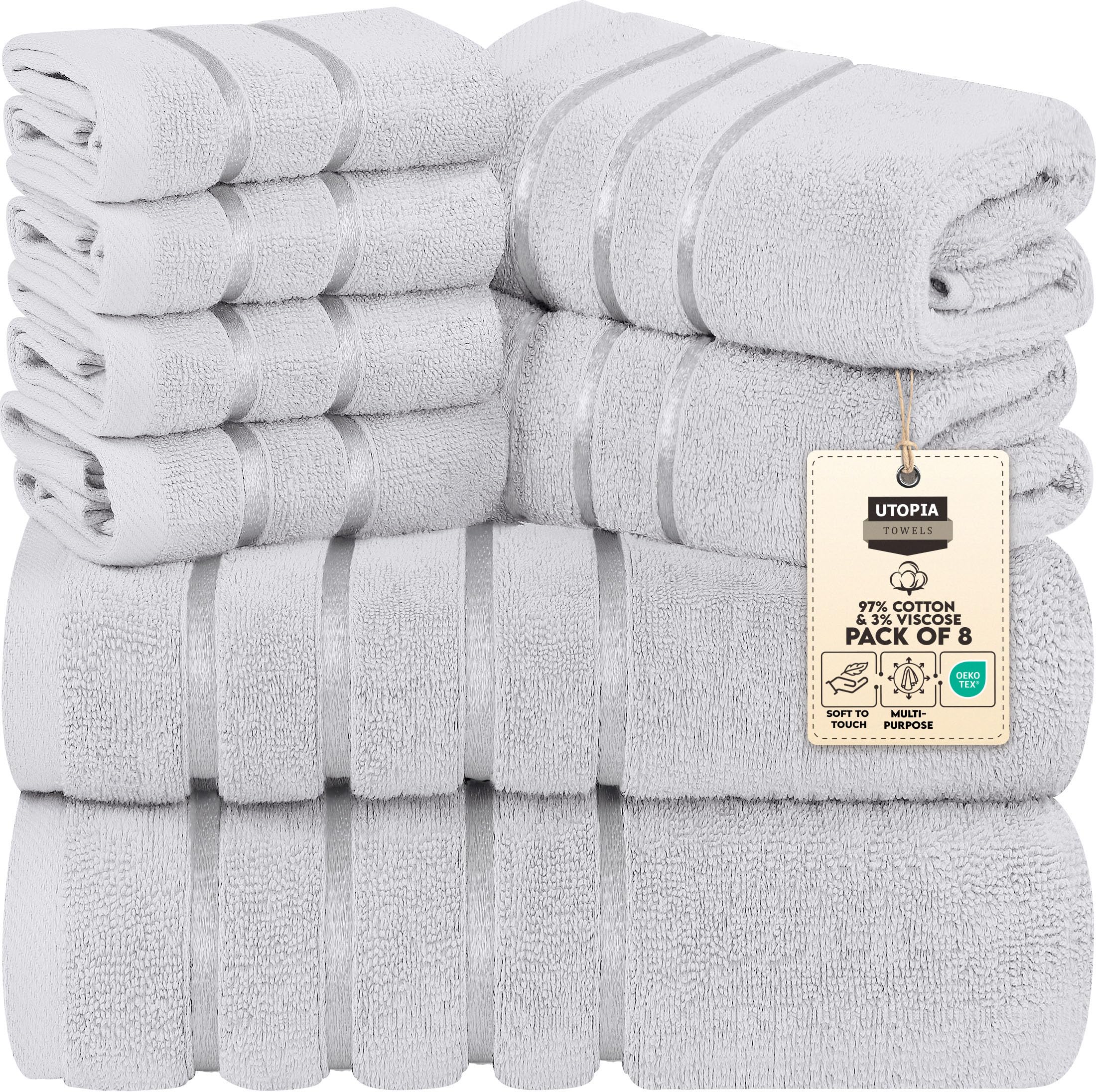 Utopia Towels 8 Piece Luxury Towel Set, 2 Bath, 2 Hand, and 4 Wash Cloths, 600 GSM Ring Spun Cotton, Highly Absorbent Viscose Stripe Towels, Ideal for Everyday use, Silver