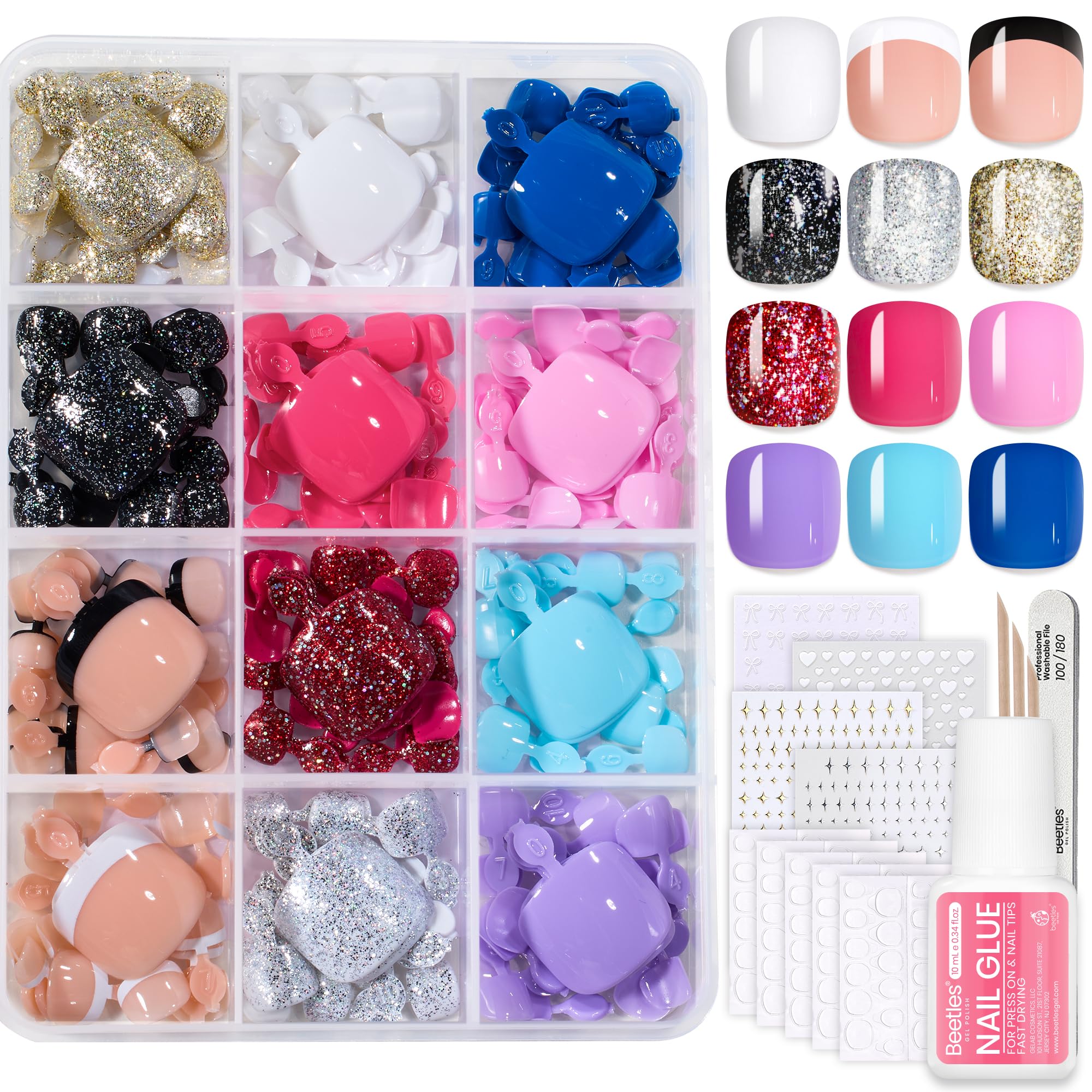 Beetles Toe Nail Press ons Kit 288Pcs 12 Colors, Press on Toenails Short Squaval Glossy Glitter With Nail Glue & Nail Tabs Stickers, Natural Fit