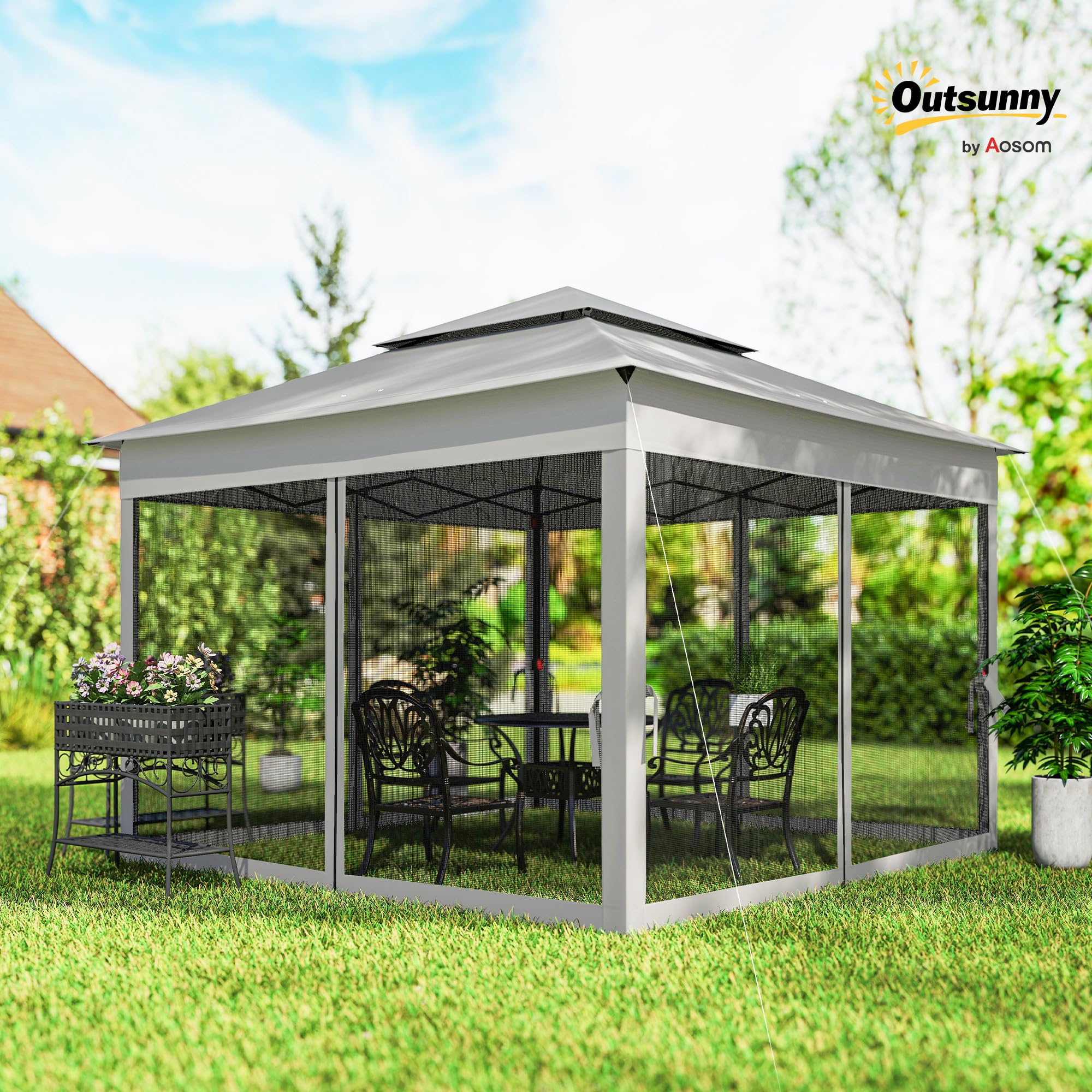 Outsunny Carpa Plegable Gazebo 3,3x3,3 m con 4 Paredes Laterales Gris Claro | Cenador Plegable, Malla Anti-UV, Bolsa de Transporte, para Camping Fiestas