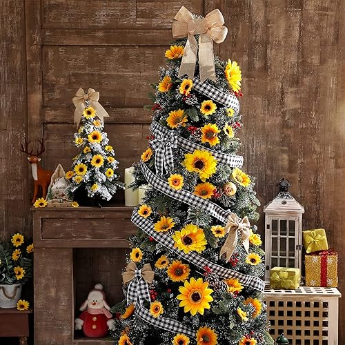 Miniatura 2 de Panelee Kit de decoración de árbol de girasol, 62 piezas de decoración de girasol con 2 piezas de lana cuadriculada y cinta de arpillera para árbol