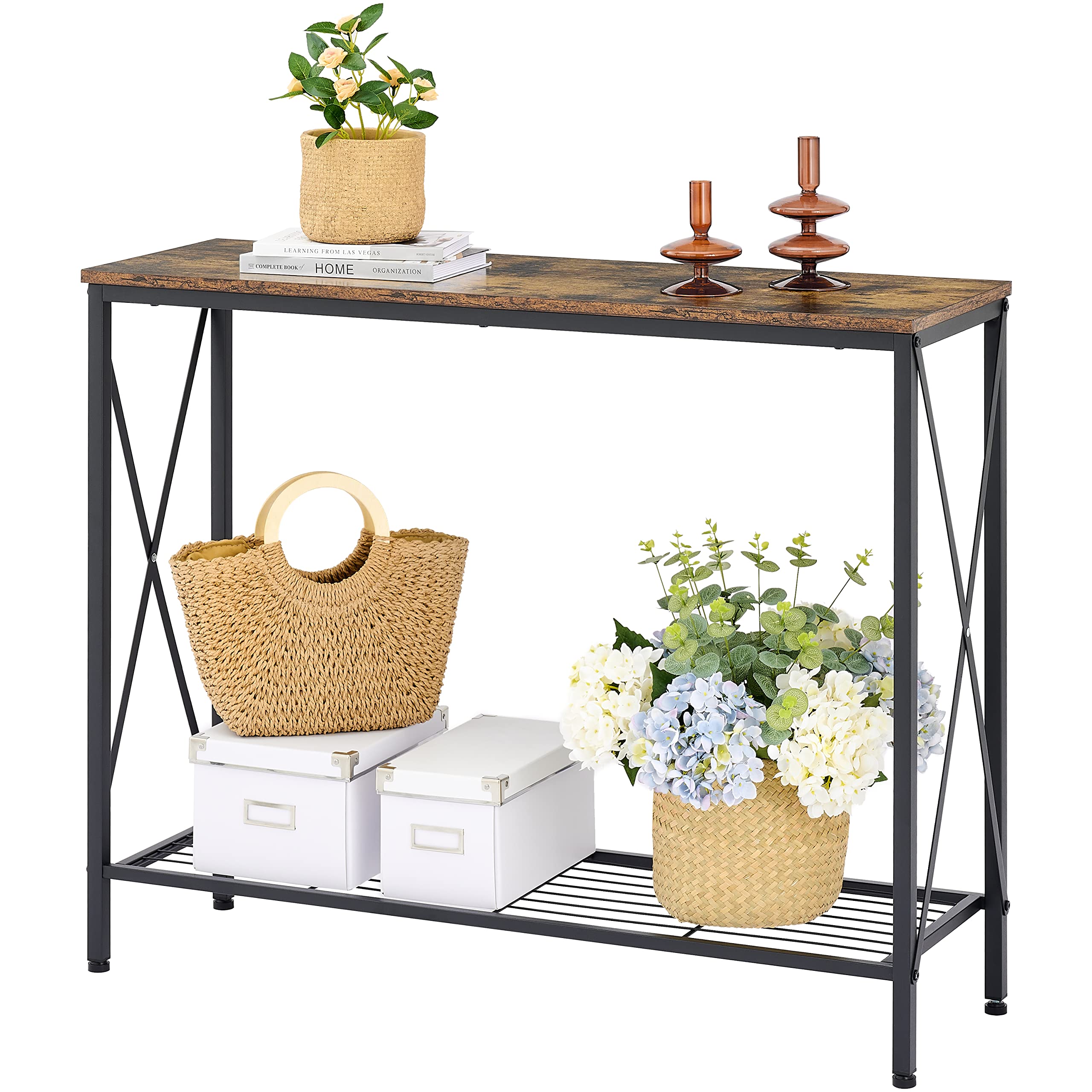 Hoctieon Console Table, Sofa Table with Mesh Shelves, 2 Tier Entryway Table with Storage, Console Tables for Entryway, Hallway, Bedroom, Living Room, Rustic Brown