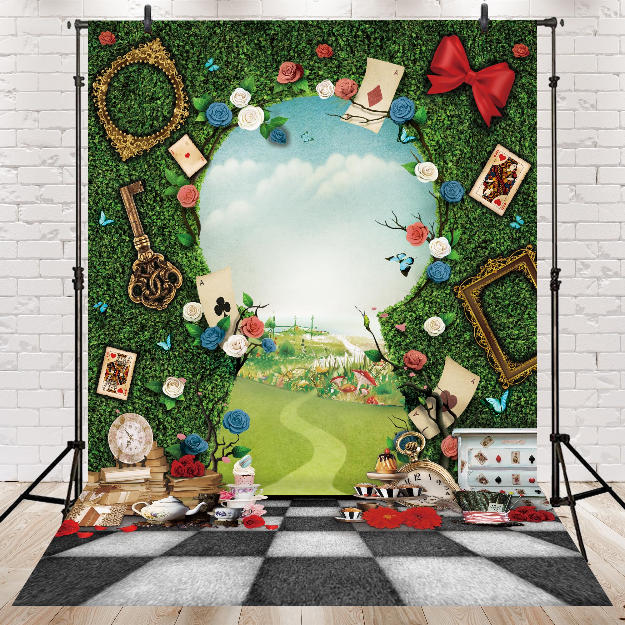 Newsely Wonderland Green Fence Tea Backdrop 5Wx7H Photography Fairy Tale Checkerboard Grass Key Kids Floral Plant Background for Baby Shower Party Decorations Banner Photo Booth Props Supplies