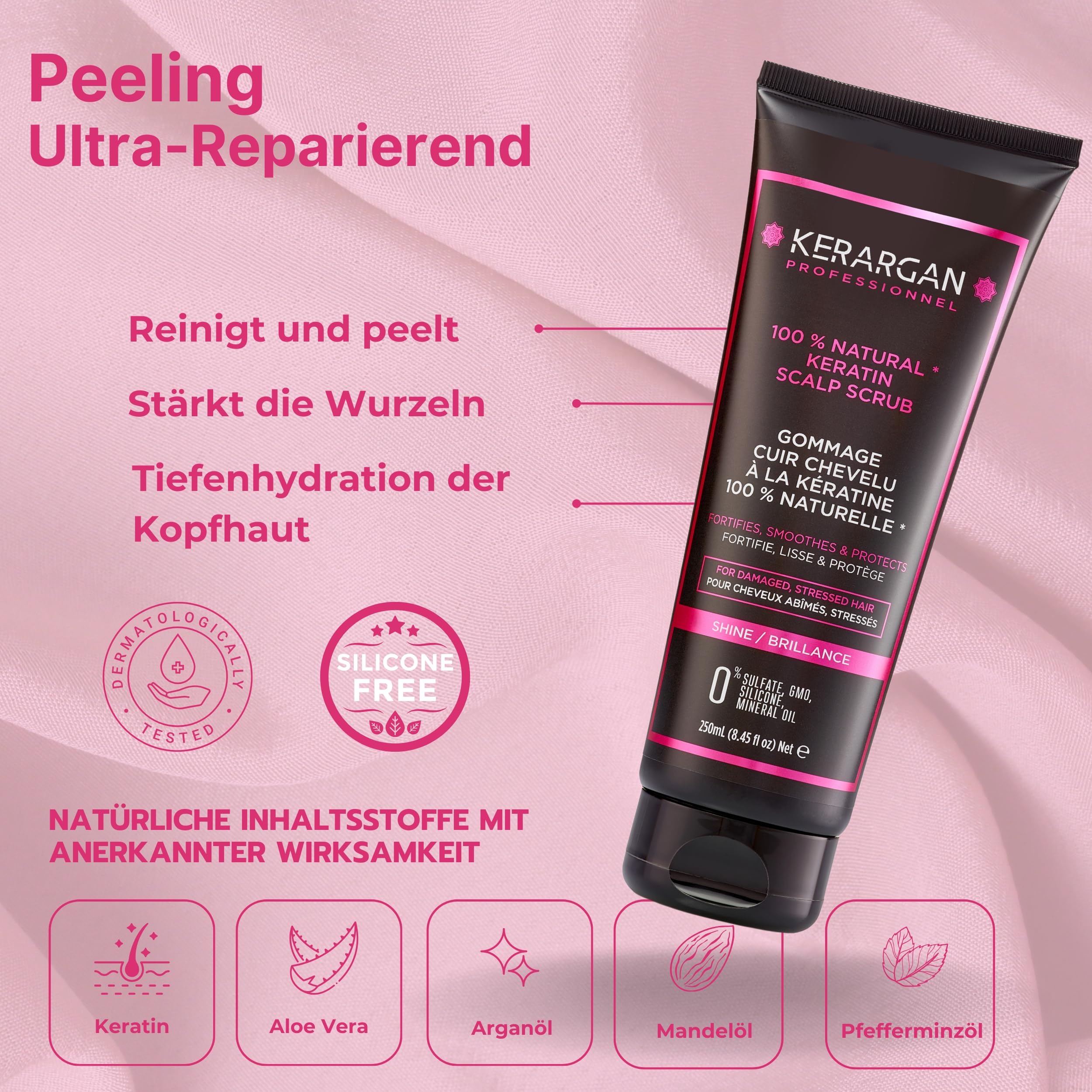 KERARGAN - Keratin 6er Haarpflege-Set Komplett - 3x500ml+100ml+350ml+250ml | Shampoo, Conditioner, Haarmaske, Haarserum, Leave-in Pflege und Kopfhautpeeling, komplette Reparaturroutine