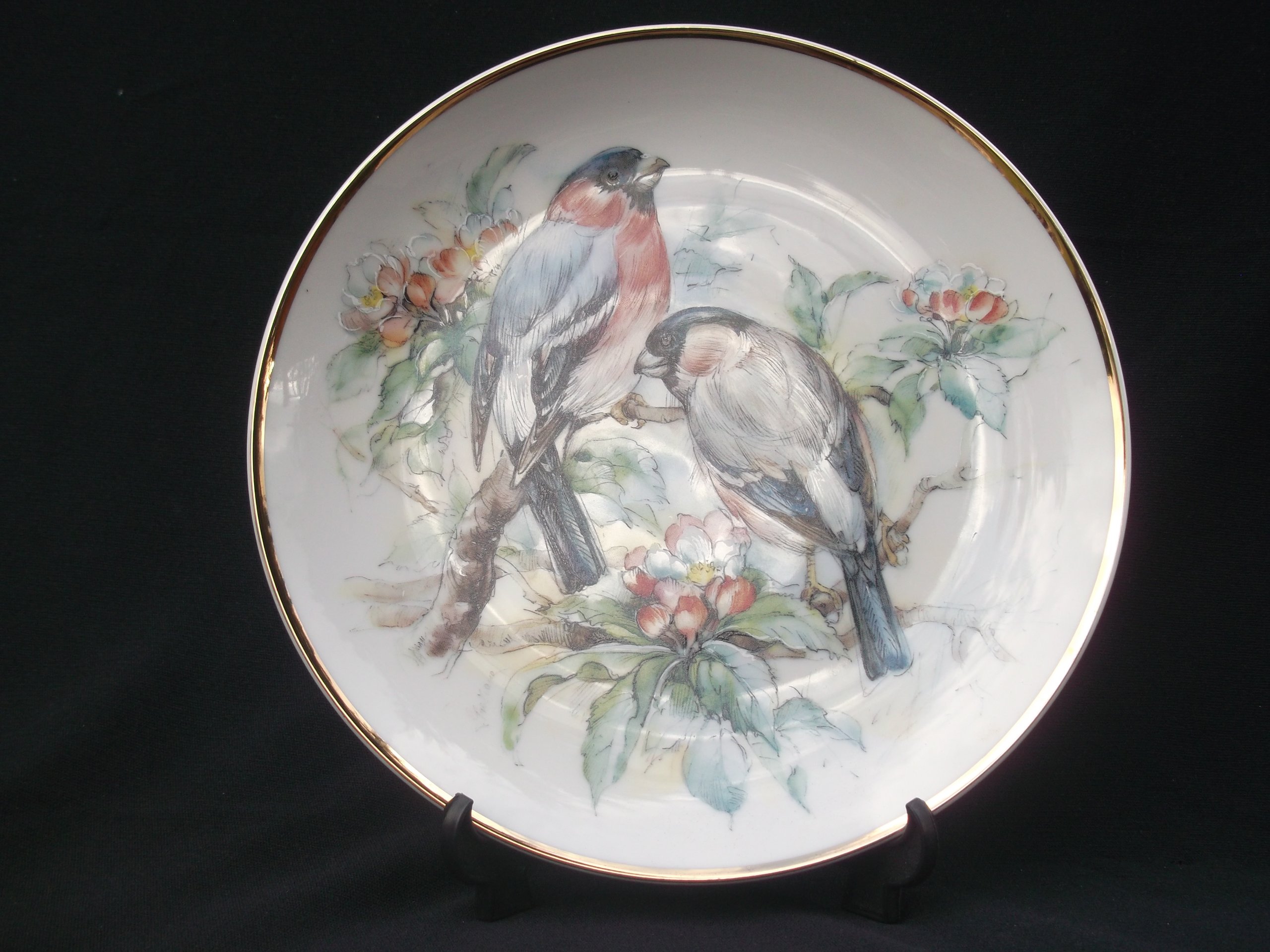 BULLFINCH 20cm BRITISH BIRDS - ROUND GUILDED EDGE DECORATIVE PLATE -