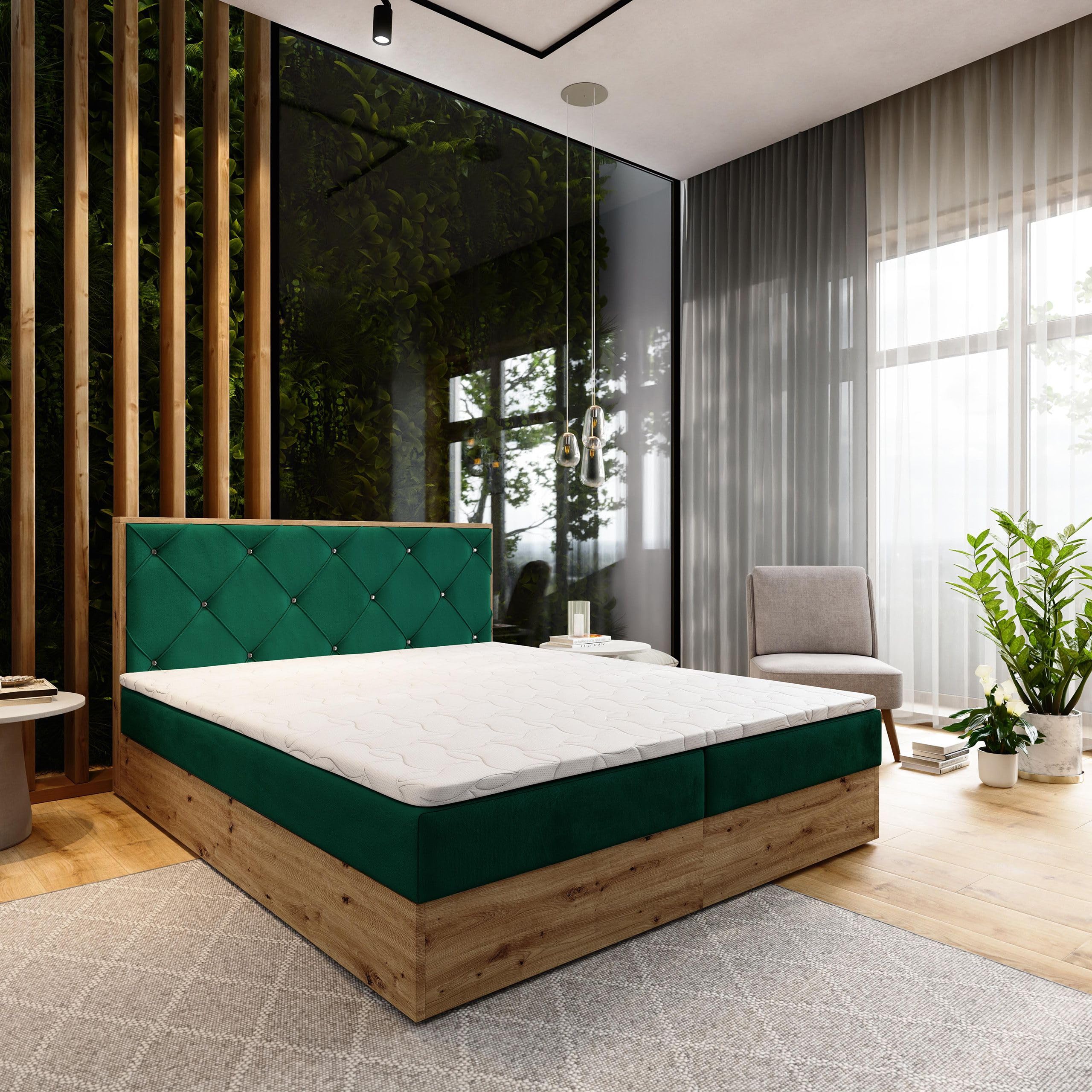Masseno Boxspringbett FOSCO 140x200 cm Komplett-Set mit Matratze und Topper, Polsterbett mit Zwei Bettkästen -Grün, Kronos 19