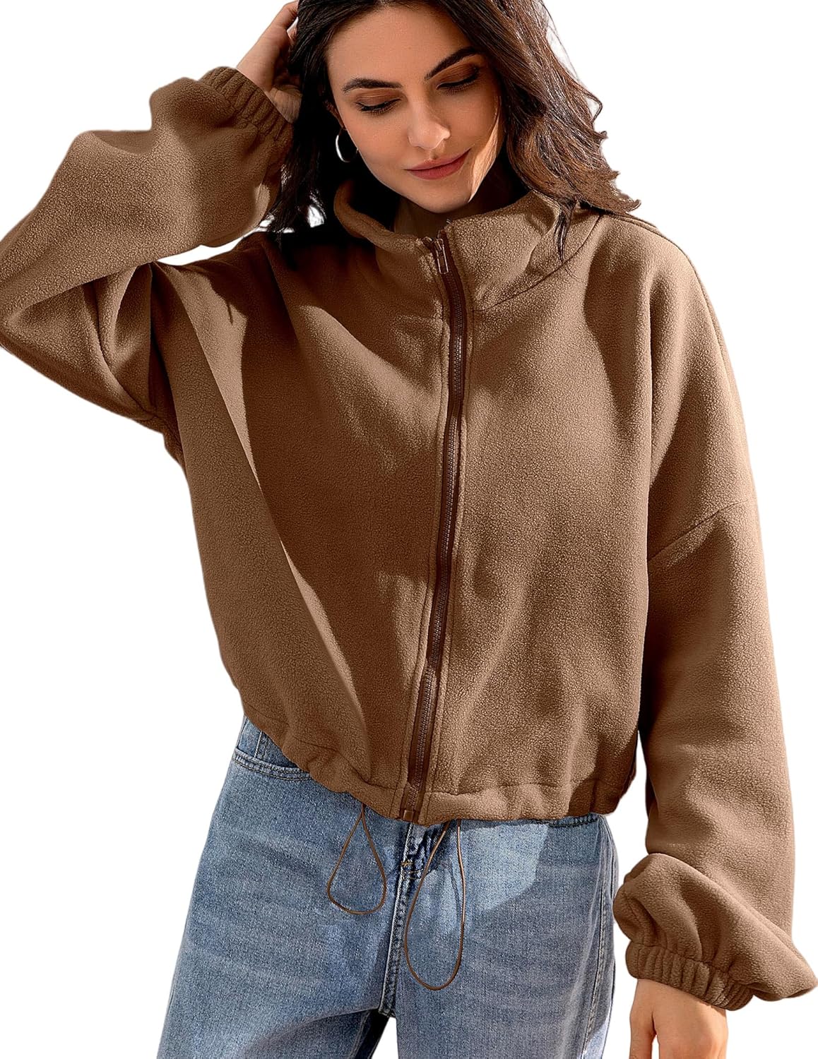 Women fleece crop jacket Zip Up Oversized Sweatshirts fall and Winter Clothes Long Sleeve Outfits