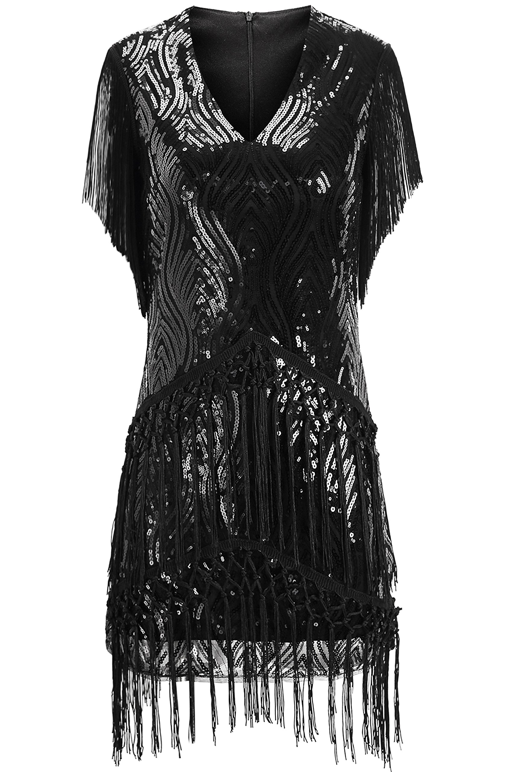 ArtiDeco Sukienka w stylu lat 20. XX wieku, z frędzlami, cekinami, ryk lata 20. fantazyjna sukienka w stylu "Gatsby", dekolt w serek, vintage, z koralikami, suknia wieczorowa