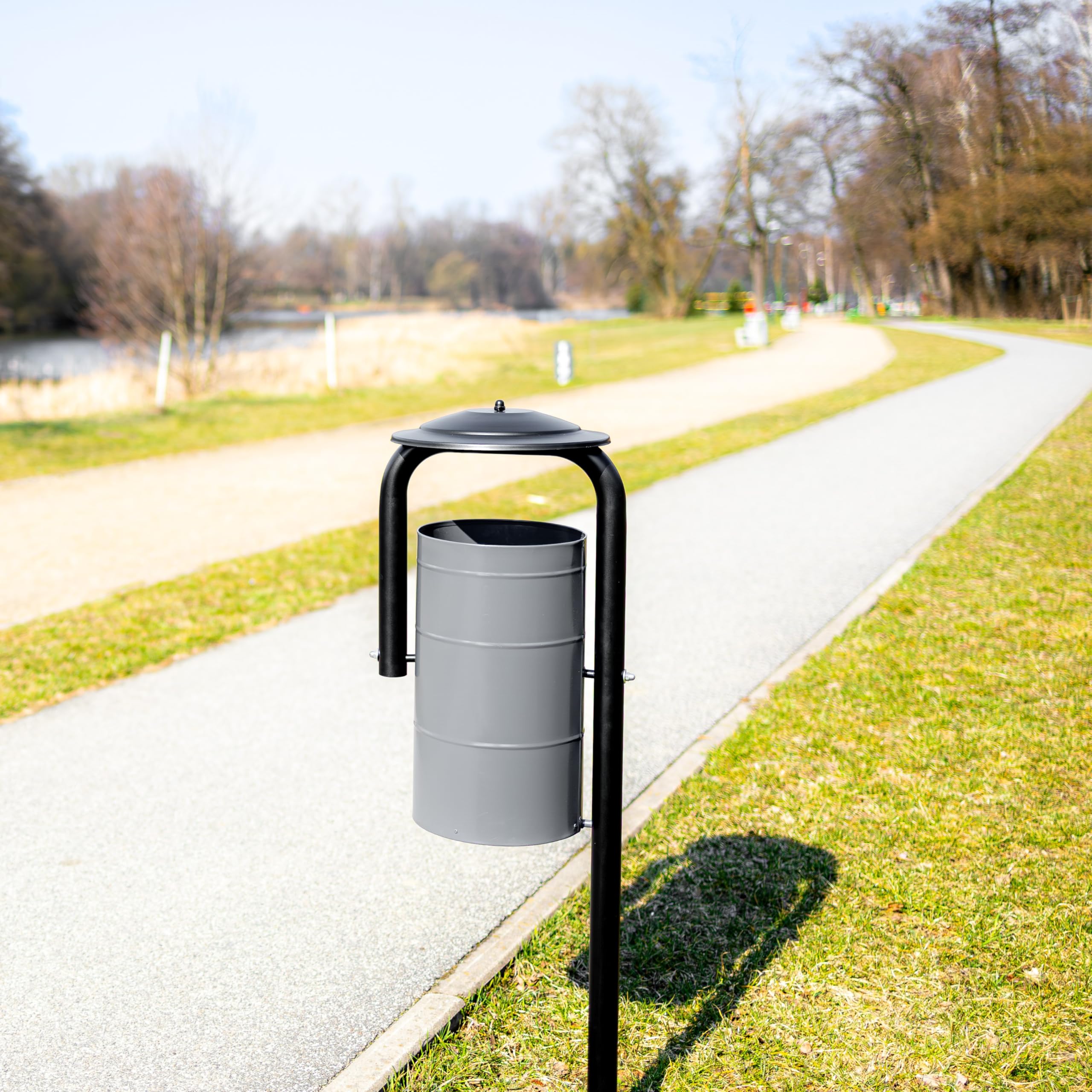 REKORD Robuster Abfallbehälter Grau 30L Mülltonne für Park Garten Stadt Outdoor Wetterfest Metall Modernes Design mit Regenschutz