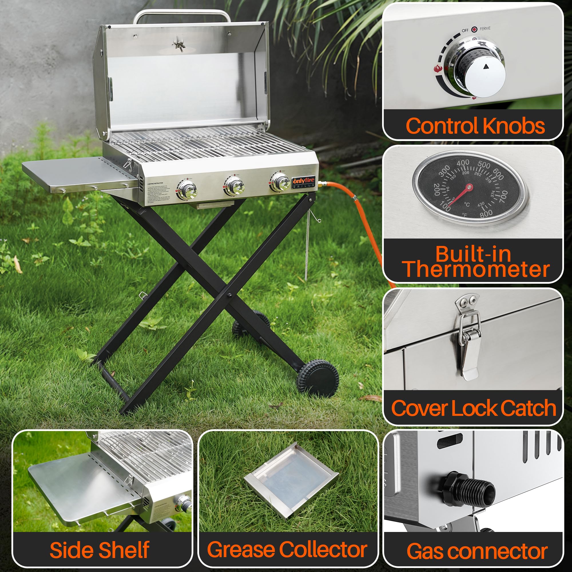 Onlyfire 3 Brenner Gas Grillwagen | BBQ Gasgrill mit Grillrost | 7Kw | Grillfläche 56,5×34cm | mit Seitentischen, Faltbarem Rollwagen, Rollen, Thermometer | für Outdoor Camping Balkon Garten