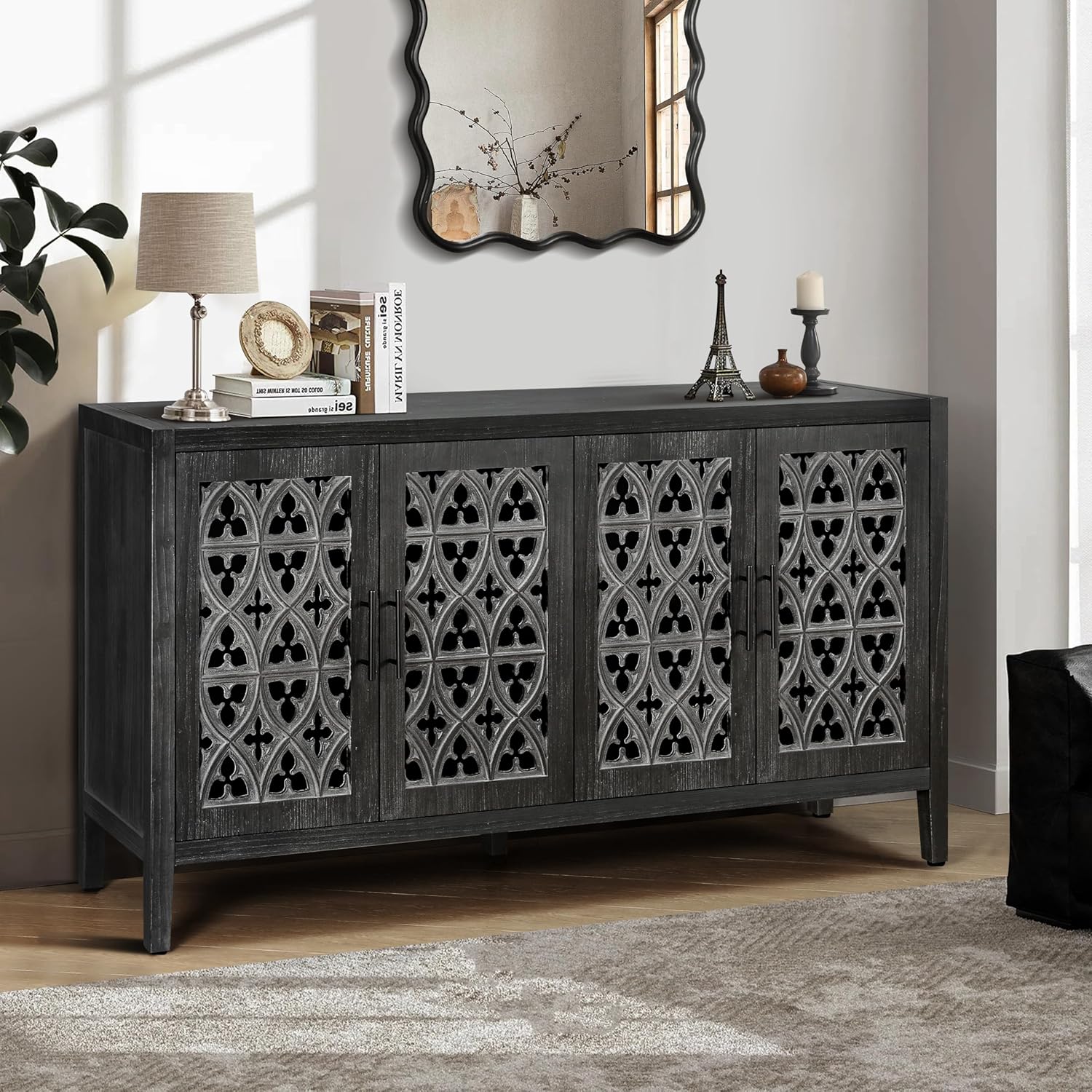 Accent Sideboard with Adjustable Shelf,Cabinet W/Solid Wood Legs,American Country Style Console Credenza Buffet Table,for Kitchen Dining Room Entryway Hallway,Antique Black