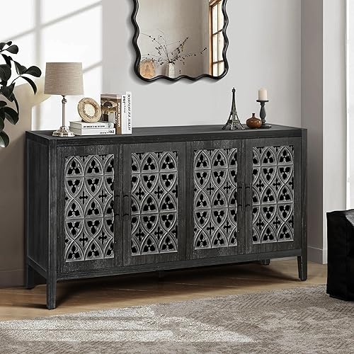 Vista 3 de Aparador Decorativo con Estante Ajustable, Gabinete con Patas de Madera Maciza, Consola Estilo Country Americano Mesa Credenza Buffet, para Cocina