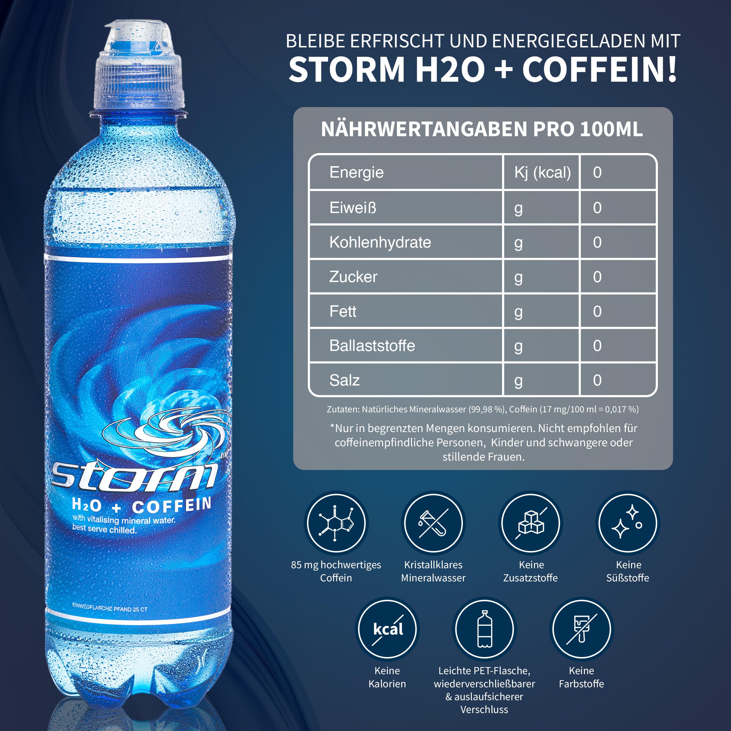 STORM Koffeinhaltiges Wasser 24er Set 500ml - zuckerfrei, kalorienfreies Wasser mit Koffein, perfekt für Festivals & lange Nächte, Kaffee-Alternative & Wachmacher, ohne Zusätze - inkl. 6€ Pfand