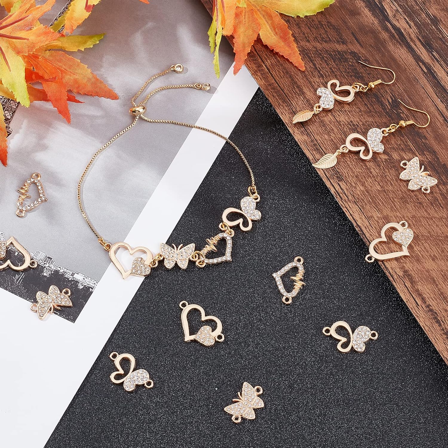 SUPERFINDINGS 64pcs 4 Styles Heart Rhinestone Connectors Butterfly Alloy Diamond Links Love Shape Golden Butterfly 2-Holes Charms Links for DIY Crafting Jewelry Making - Image 5