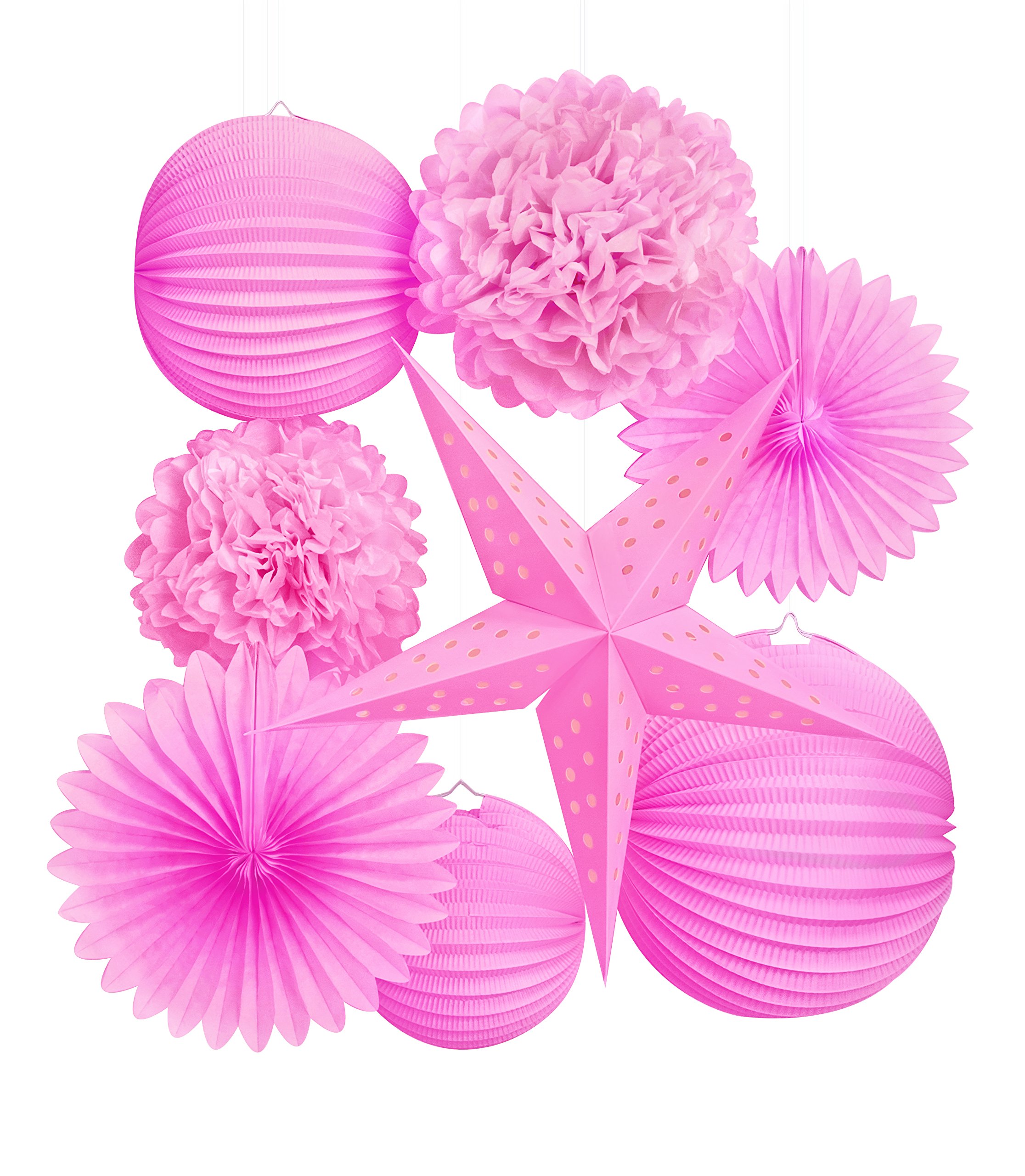 Darice 8 Piece Pink Themed, Lanterns, Stars and Fans Party Décor Kit