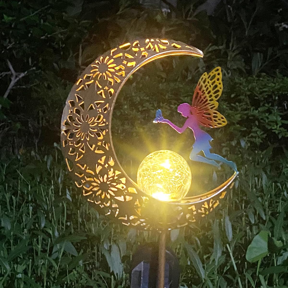 VividLadybug Solar Garden Lights Outdoor Decor, Moon Fairy Crackle Glass
