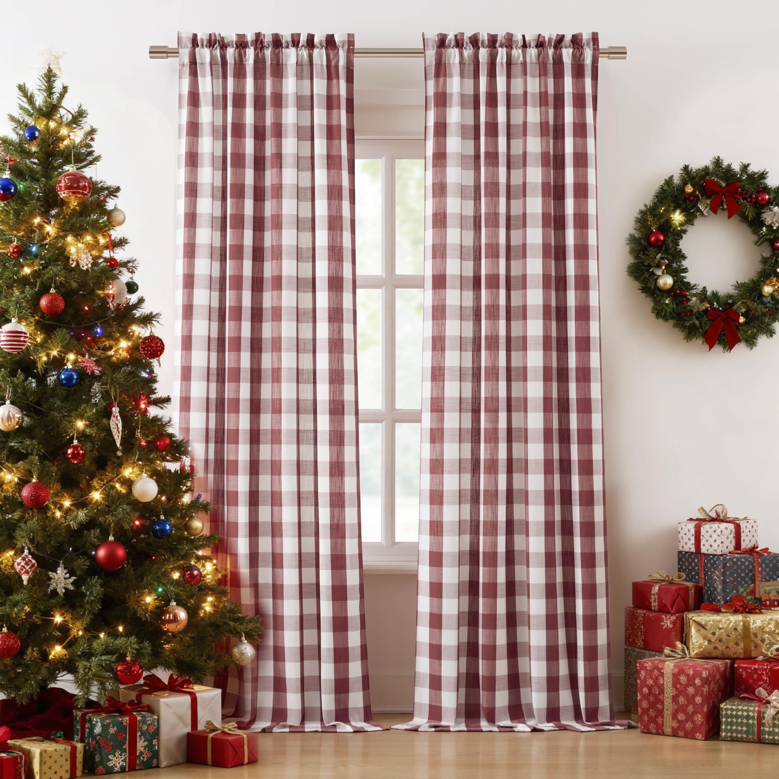 Bapawfish Burgundy Red Buffalo Plaid Curtain Panels 84 Inches Length