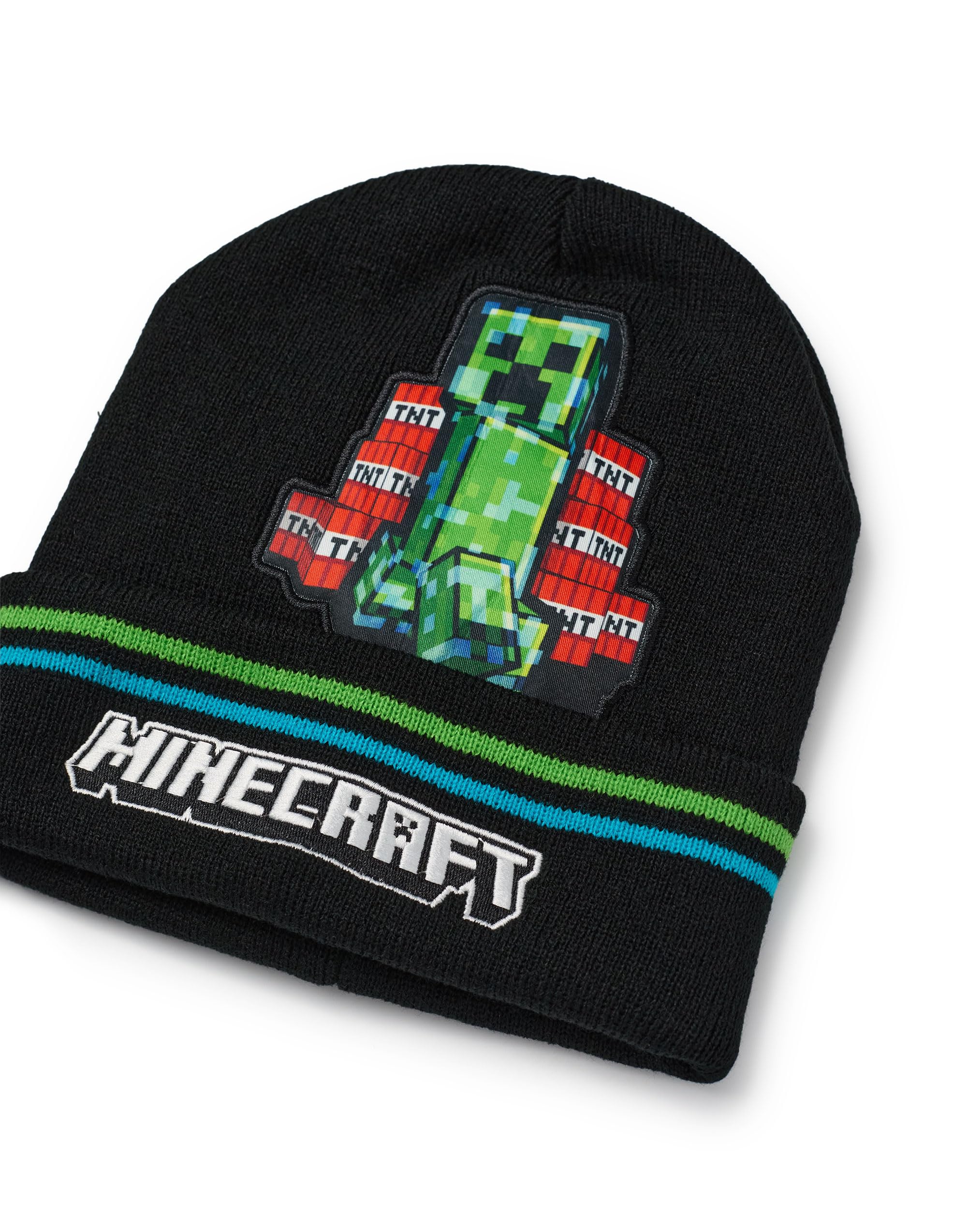 Minecraft Ensemble bonnet et gants pour garçons | Gamer Kids TNT Creeper Graphic Ensemble d'hiver tricoté | Chapeau et gants de personnage de jeu taille unique avec logo