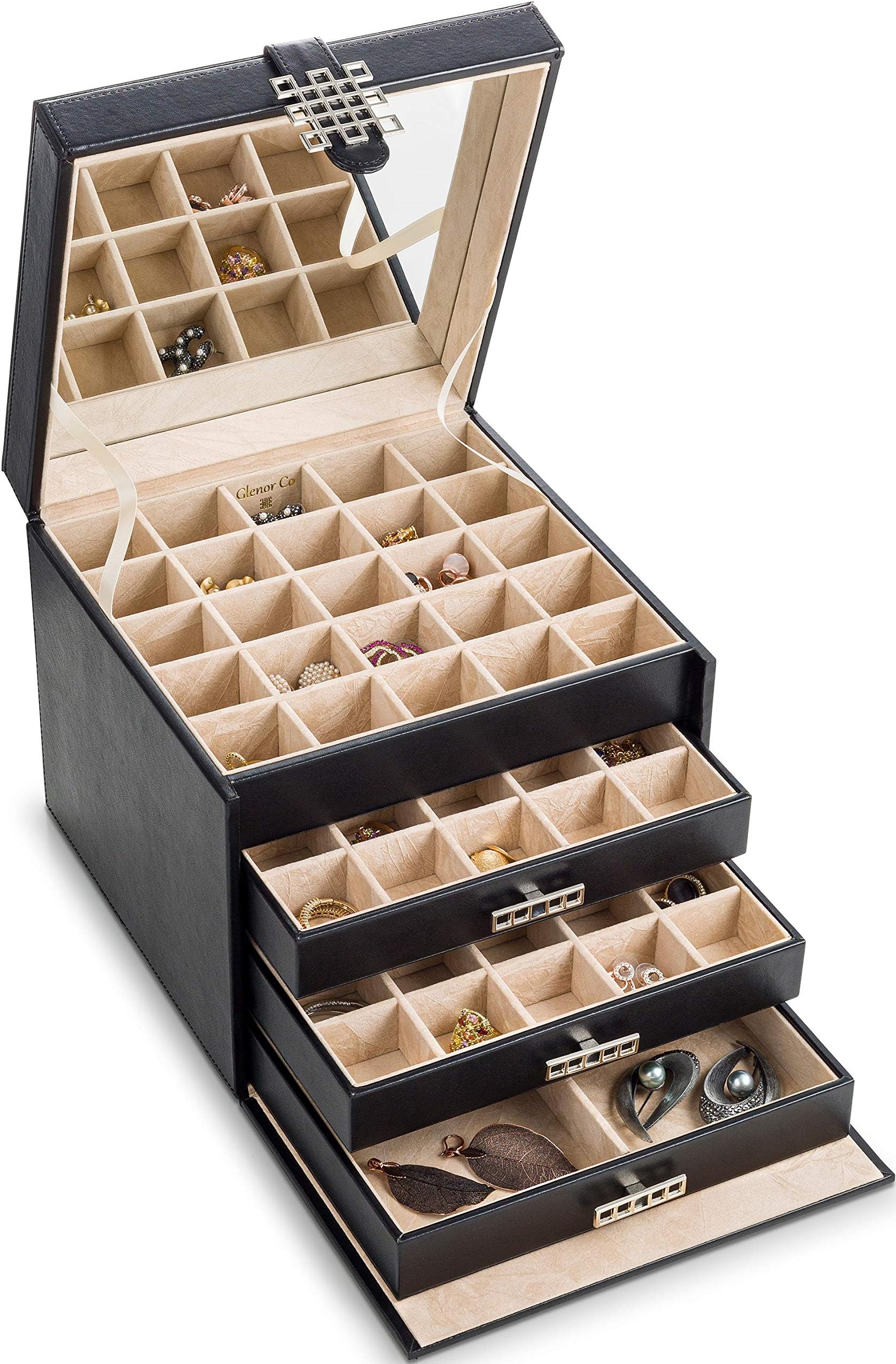 Glenor Co Earring Organizer Holder - 75 Small & 4 Large Slots Classic Jewelry Box with Drawer & Modern Closure, Mirror, 4 Trays Earrings, Ring or Chain Storage - PU Leather Case - Black