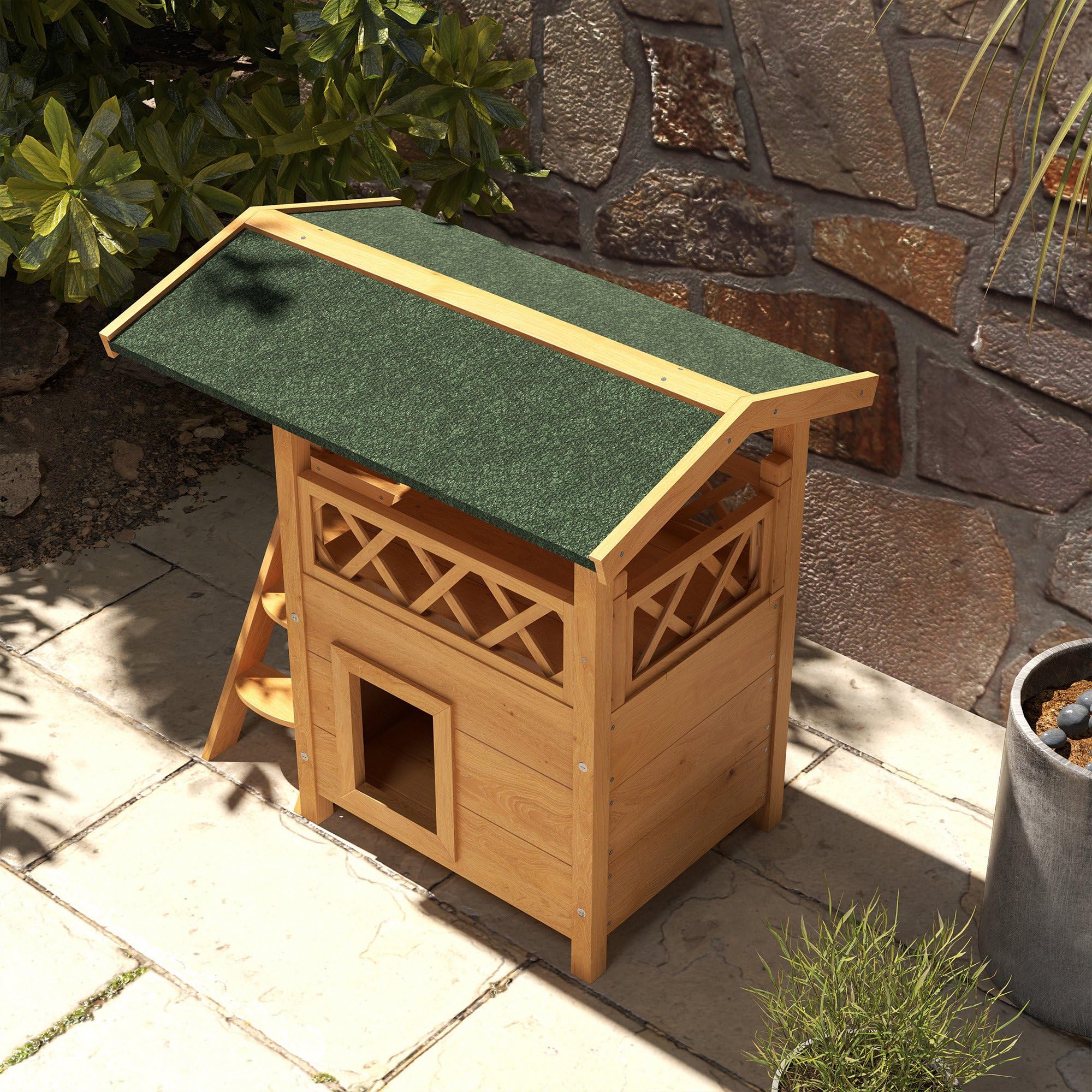 PawHut Casa para Gatos de Madera 77x50x73 cm de 2 Niveles con Techo Asfáltico, Escalera y Balcón para Exterior Natural