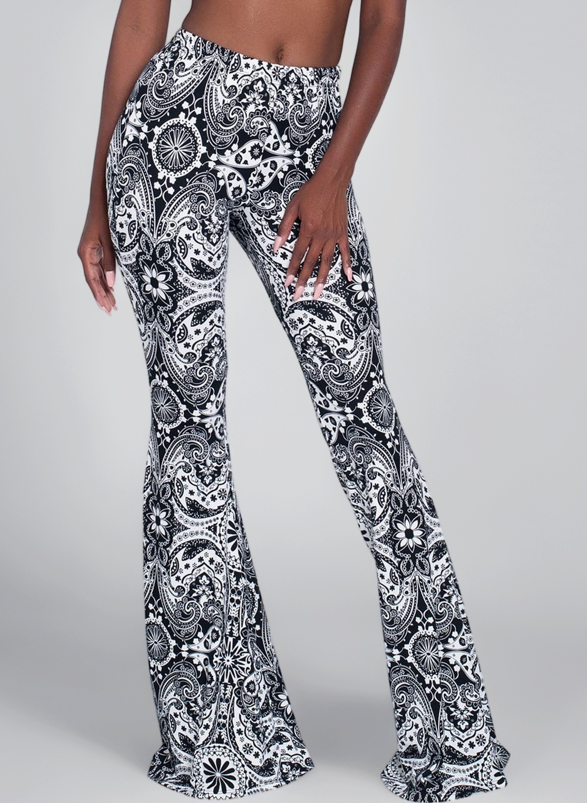 Women's Vintage Printed Long Flared Trousers High Waisted Stretchy Wide Leg Yoga Pants