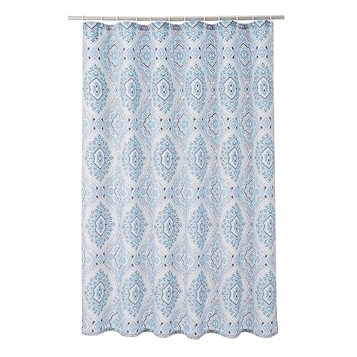 Amazon Basics Shower Curtain with Hooks - 72 x 72 Inch, Dusty Turquoise Medallion