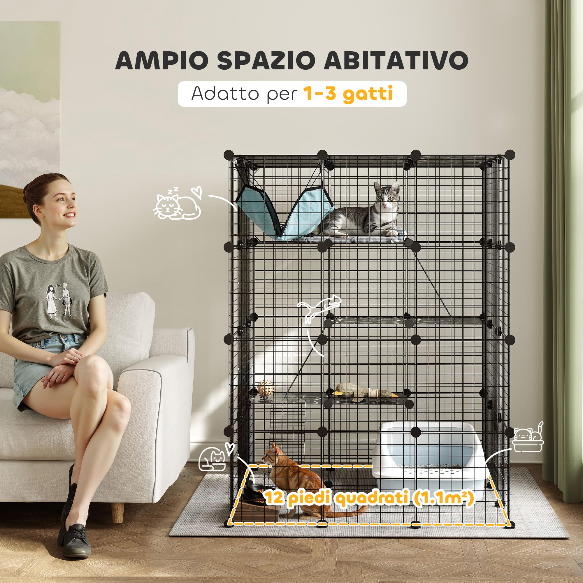 PawHut Gabbia per Gatti Modulabile a 4 Livelli con Rampe, 3 Piattaforme di Salto e 5 Porte, Casetta per Gatti con Tappetini Antiscivolo e Amaca in Acciaio e PP, per 1-3 Gatto, 105x105x140 cm, Nero