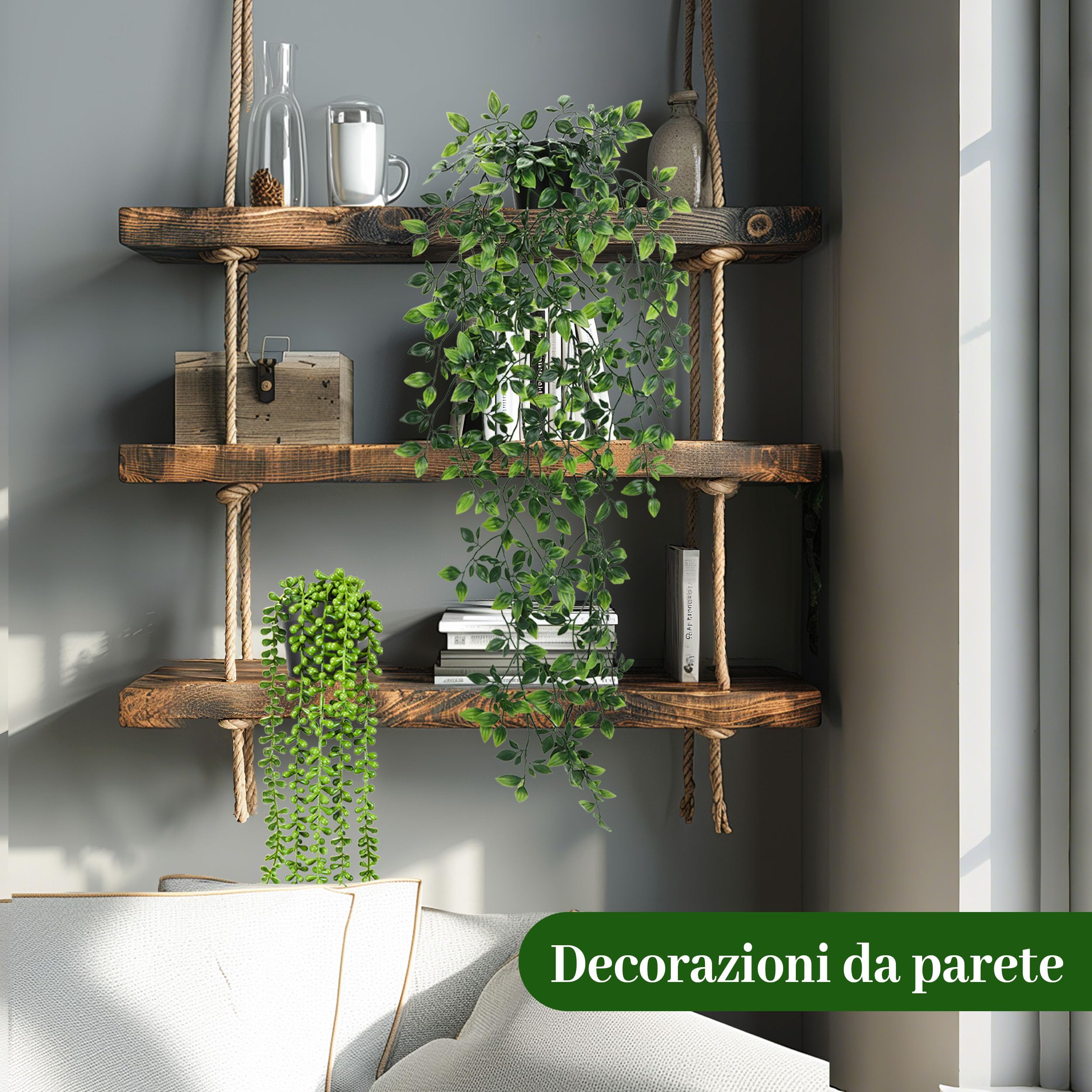 Der Rose 8 piante finte da appendere, edera rampicante artificiale, eucalipto, piante da appendere per la casa, stile bohémien, mensola da parete, decorazione per interni ed esterni (vasi neri)