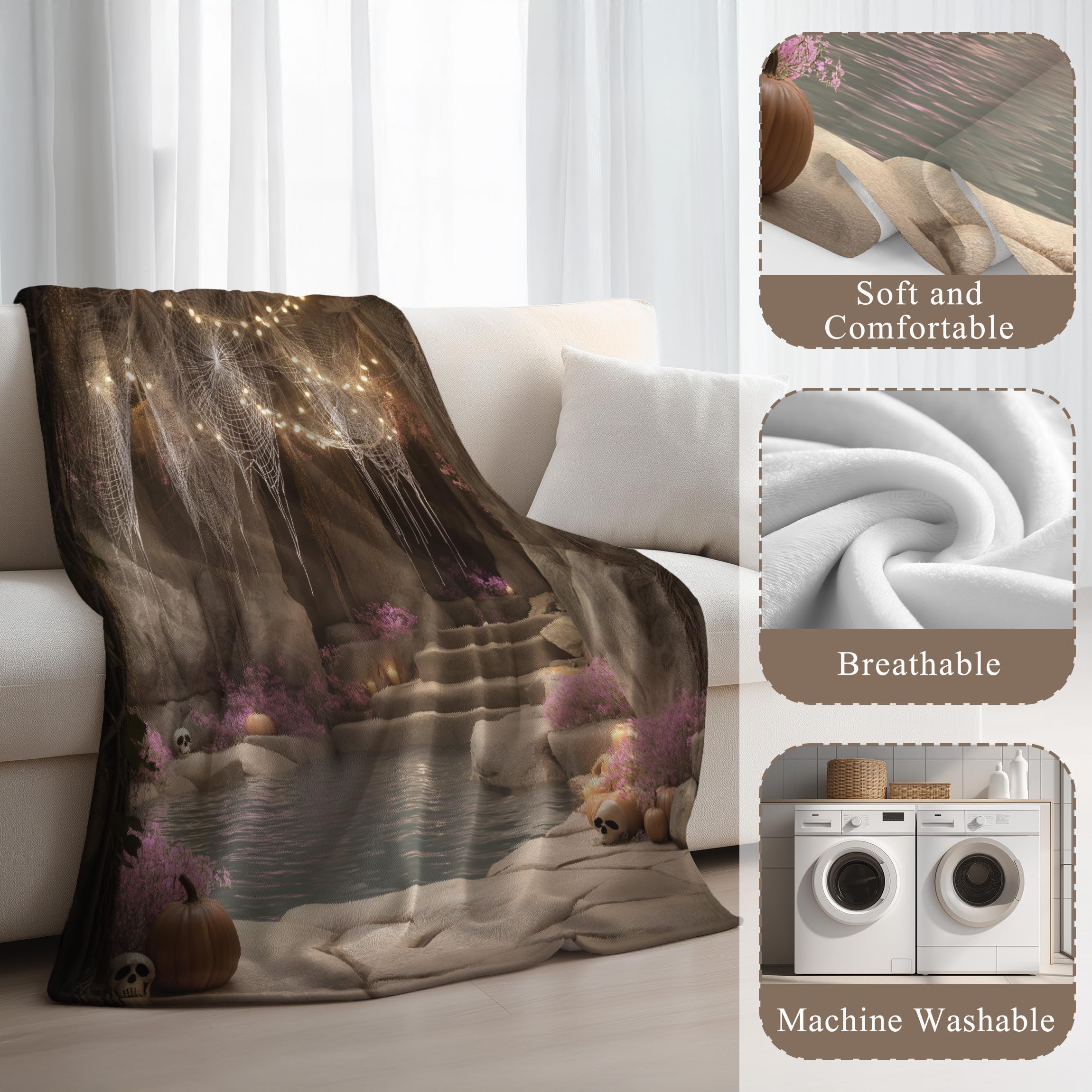 Genérico Zimowy koc flanelowy na sofę i fotel 220 x 270 cm - Koce prezentowe dla kobiet i mężczyzn - świąteczna atmosfera pajęczyna dynia Dekorowanie Della Dom - Khaki Duży koc