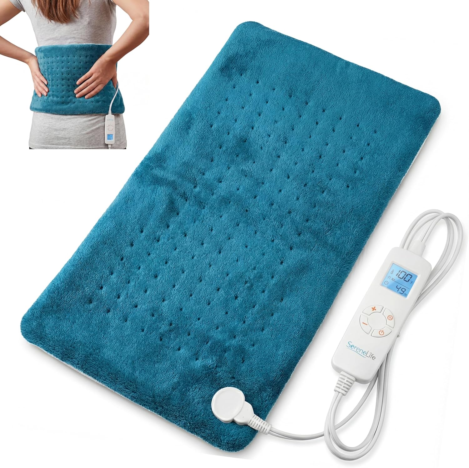 SereneLife Electric Heating Pad For Women - Large Pillow Style Heating Pad For Back & Period Cramps - Instant Heat, Quick Warm Relief For Athletes & Runners - 6 Heat Settings, Auto Off