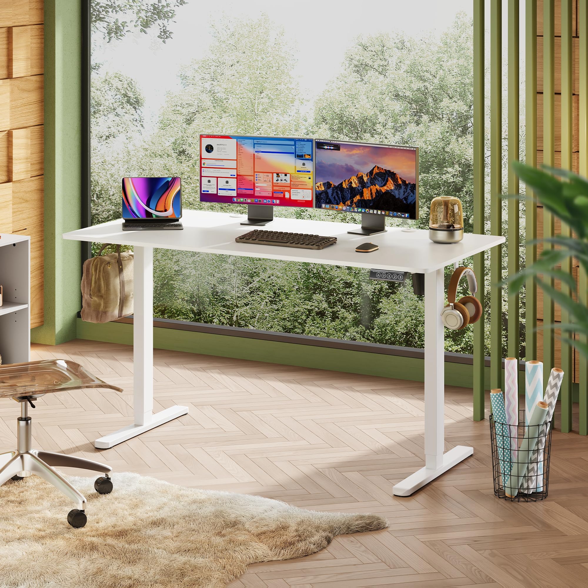 DEVAISE Escritorio Elevable Eléctrico 140x70cm, con 3 Memorias y Pantalla Digital, Mesa Ajustable Monobloque para Oficina en Casa, Blanco