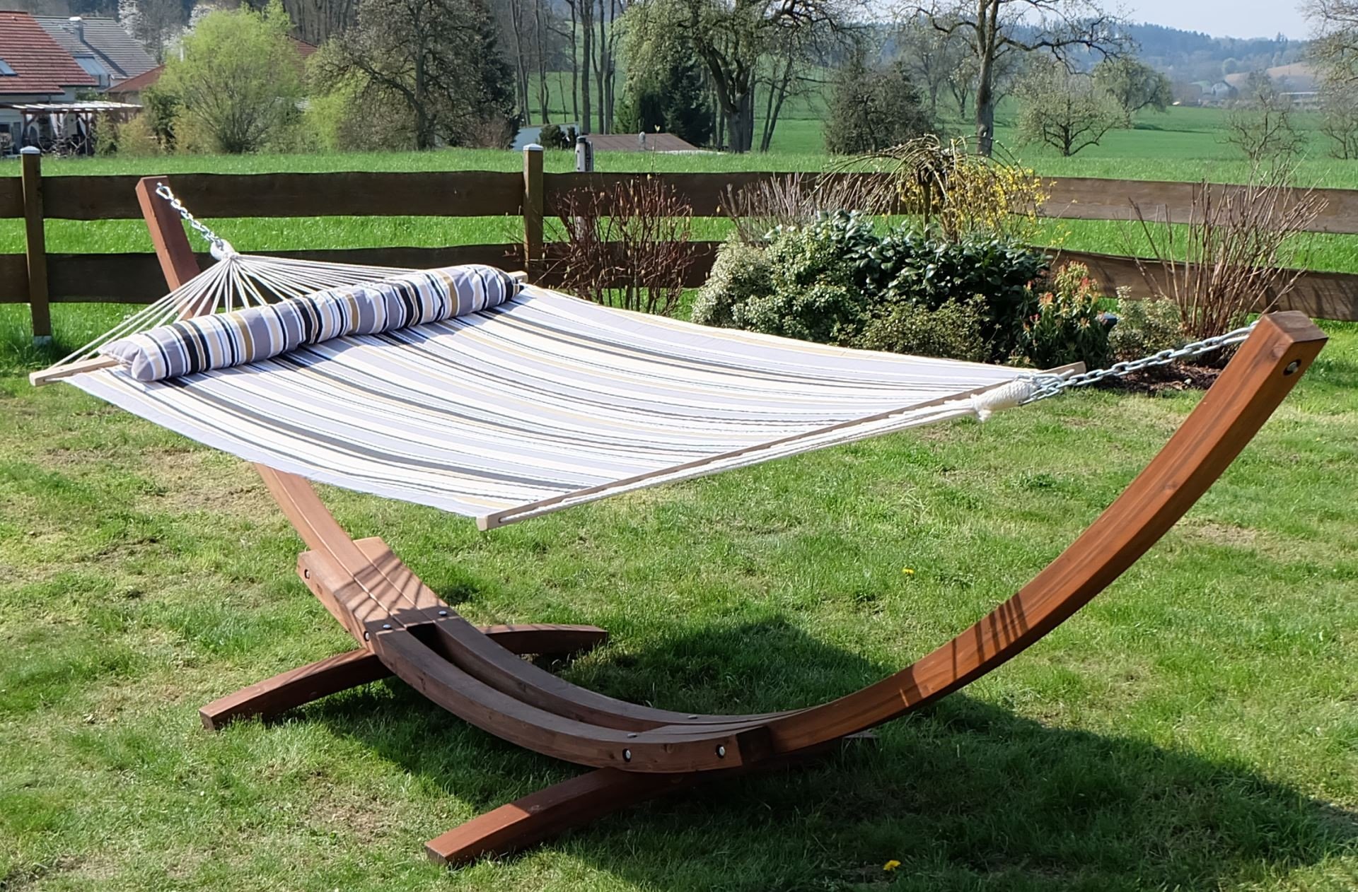 AS-S 410cm XXL Luxe Stand du hamac de mélèze Bois avec hamac HM4-LIM-G (Acier Inoxydable - REMBOURRÉ) avec Hamac