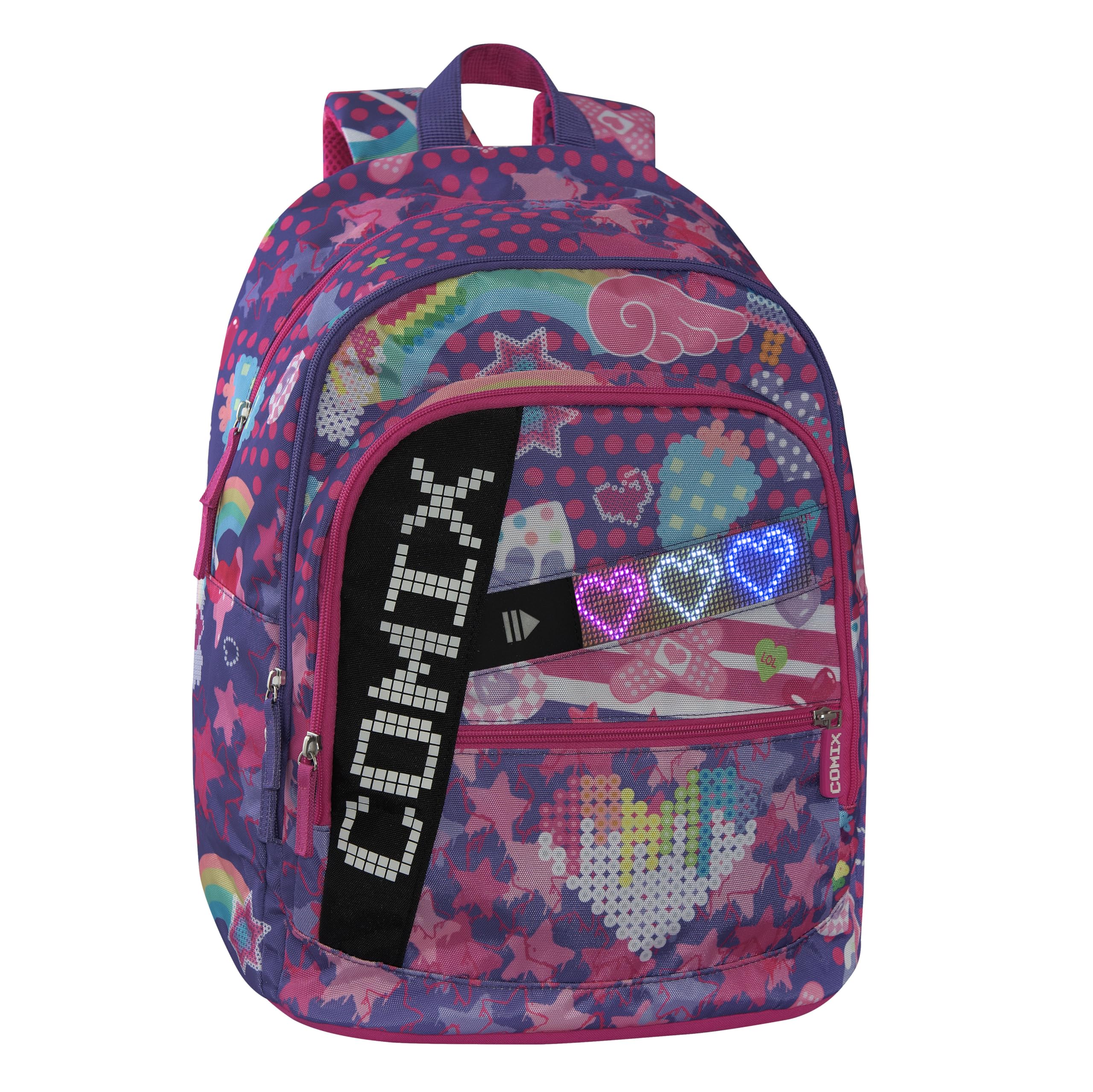 COMIX Ultra Bright - Zaino Scuola Pannello Scrittura Led Personalizzabile, 3 Ampi Scomparti, Tasca Frontale, Schienale e Fondo Termoformati, Spallacci Imbottiti e Regolabili, 32x43Hx23 cm, 31 L