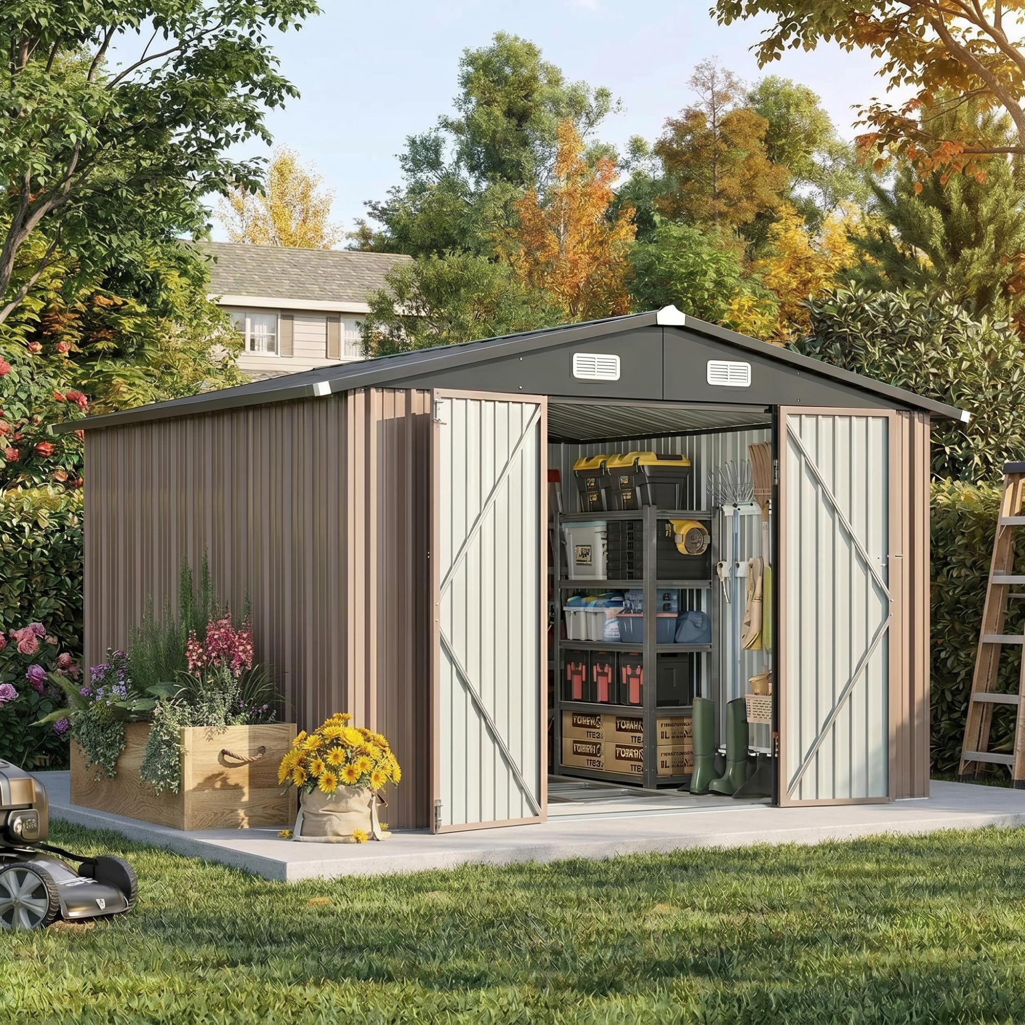 Devoko 10x10 FT Outdoor Storage Shed with Floor Frame, Brown