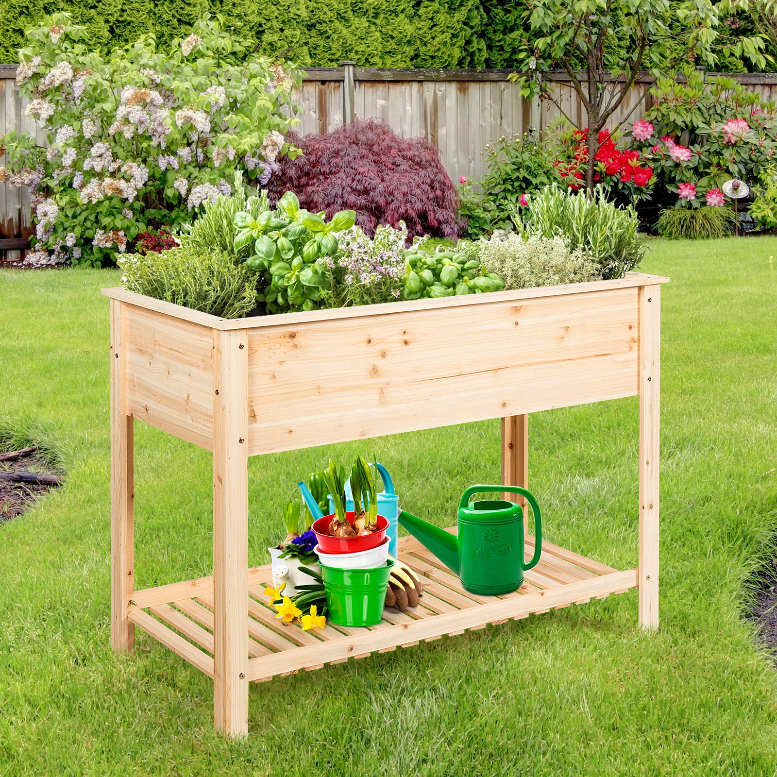 COSTWAY Maceta Elevada de Madera Jardinera Elevada para Plantas Flores Cama para Planta Cultivo para Jardín Exterior Patio (92 x 41x 81 cm)