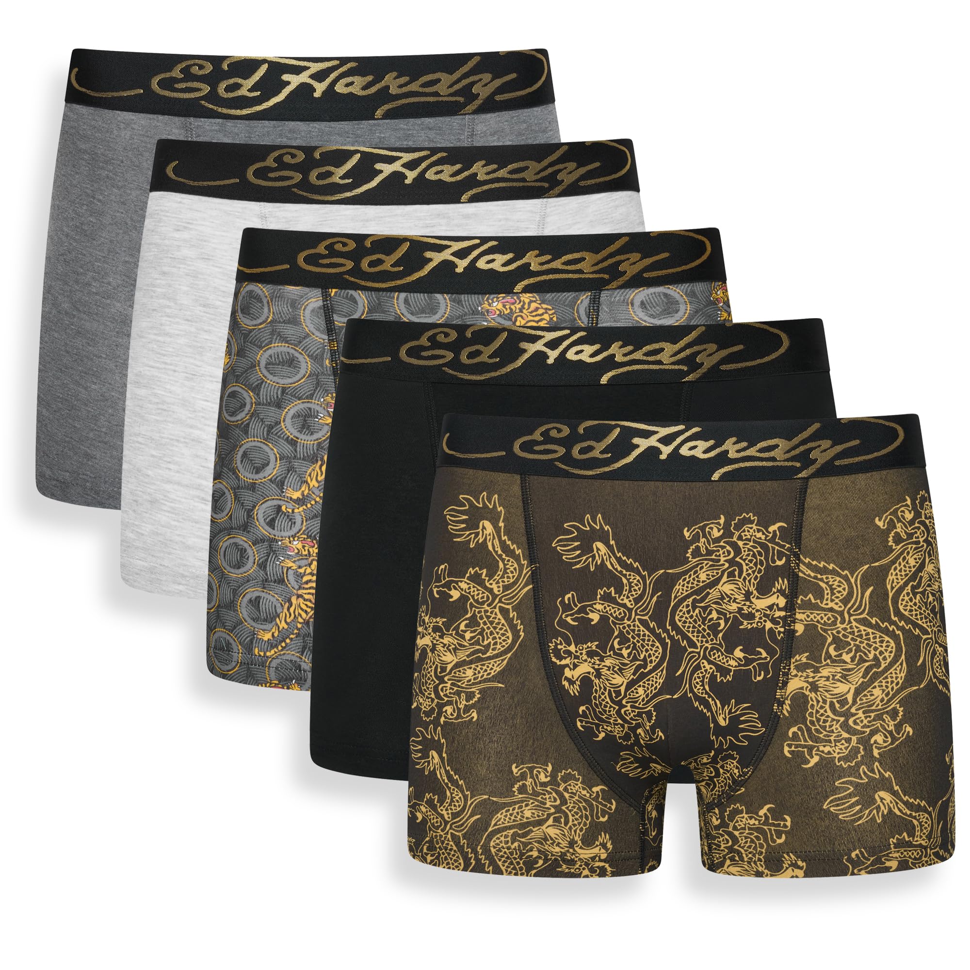 Ed Hardy Men's CARNO Boxer Shorts Multipack, Assorted, Elasticated Logo Waistband, 5 Pack, Comfortable Men's Underwear, XX Large