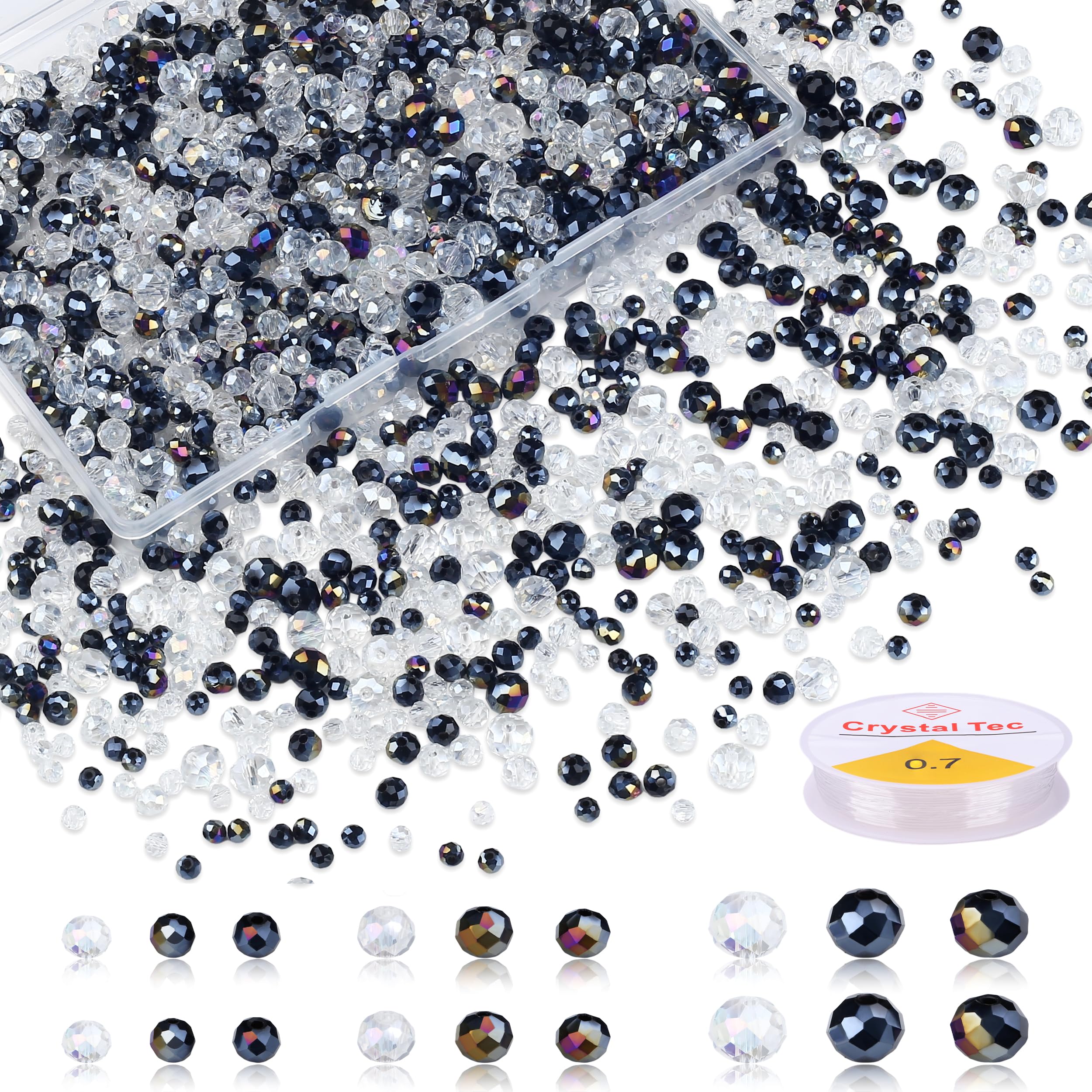 XIANNVXI 1100Pcs Faceted 4/6/8mm Black&Clear Glass Beads