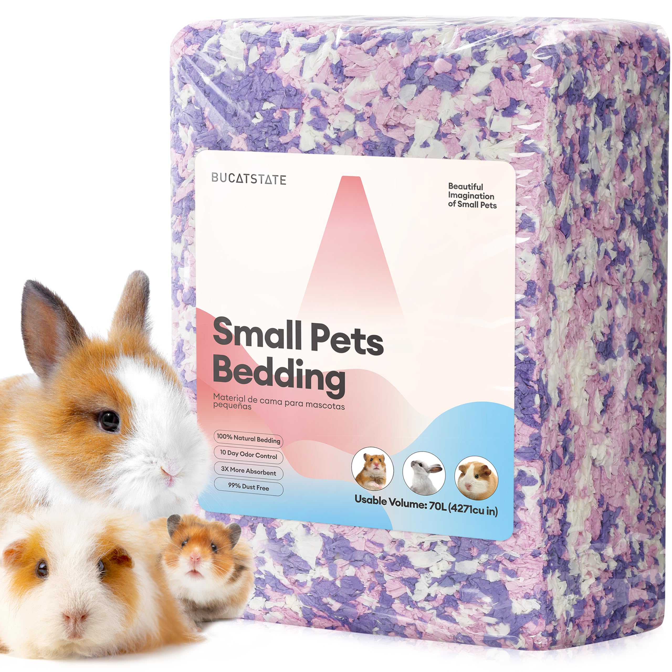 BUCATSTATE Litières pour Hamsters 70L, Super Absorbante & 99,9% sans Petit Animal Papier Poussière pour Souris, Rats, Rongeurs, Cochon d'Inde, Chinchilla