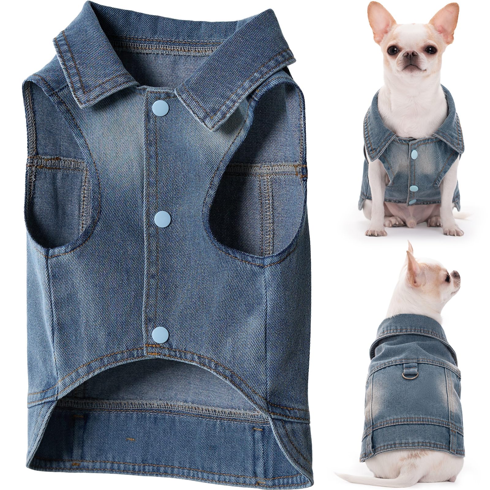Cantuccistudio Stylish Denim Dog Jacket with Leash Ring, Compatible with Leash, Perfect for Small to Medium-Sized Dogs, Trendy Year-Round Harness Vest, Machine Washable (XXX-Large)