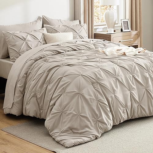 Bedsure Queen Comforter Set Beige - Bed in a Bag Queen Size 7 Pieces, GentleSoft™ Pintuck Bed Set Gift for Family, Pinch Pleat Beige Comforter with Sheets, Pillowcases & Shams - 02 - Beige - Queen