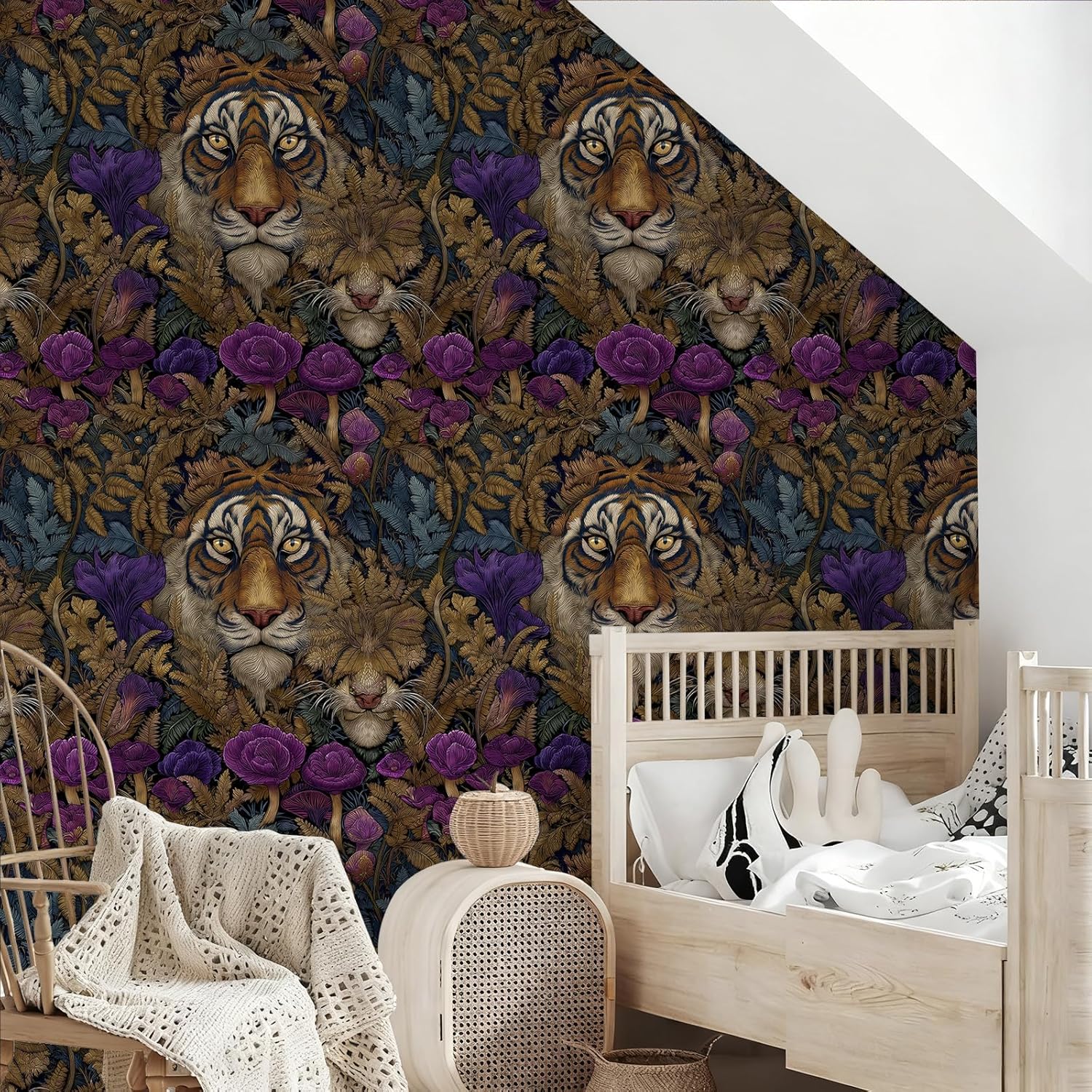 Tiger Face Embroidered Animal Wallpaper Peel and Stick Removable 17.7" x 236.22" Luxury Floral & Fern Wall Paper Self Adhesive for Classroom Bedroom Laundry Room Bathroom