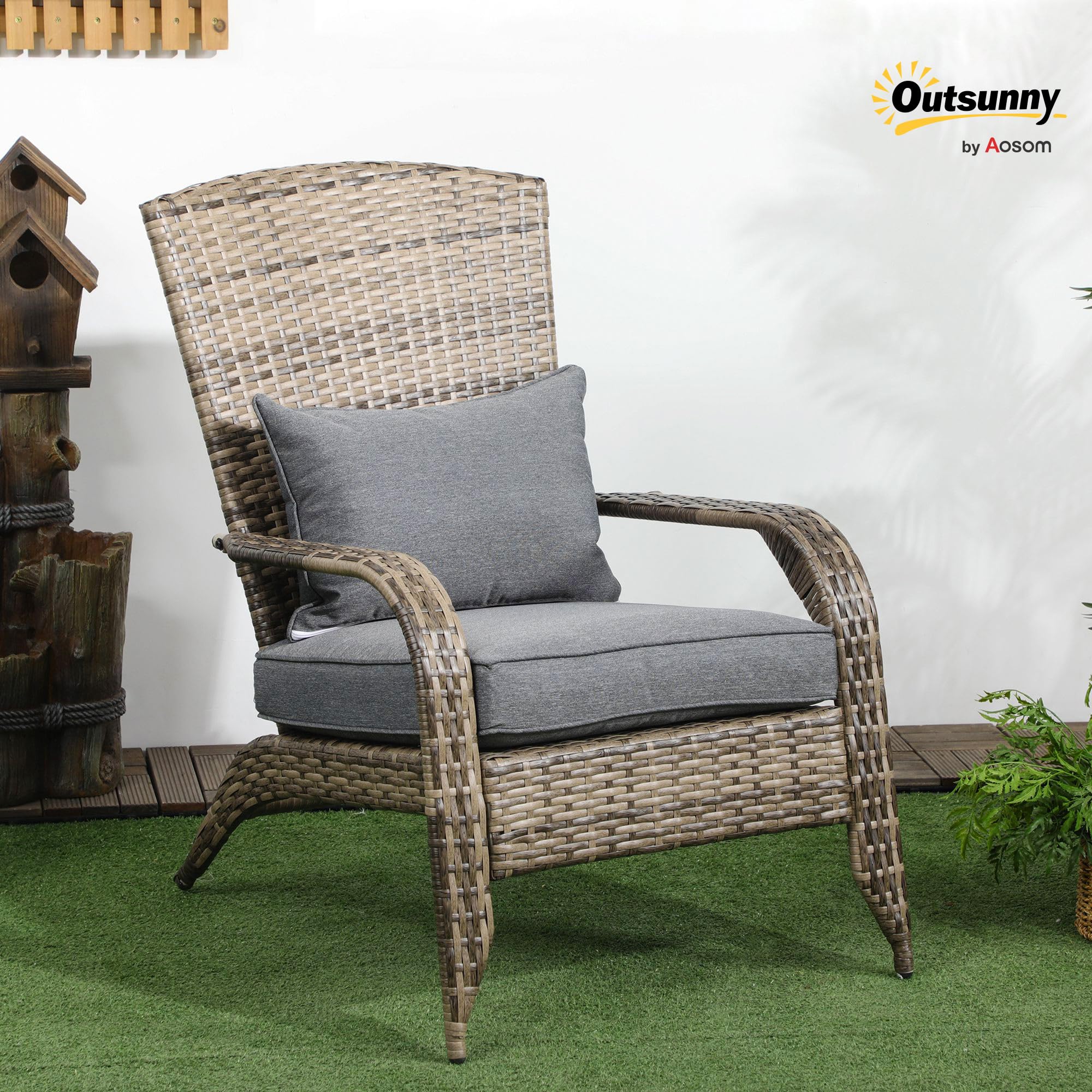 Outsunny Adironrack Silla de jardín con reposabrazos y Cojines, Silla de ratán y Acero para Interior y Exterior, 64x80x90 cm, Mezcla de marrón y Gris Oscuro